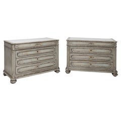 Antique Grey painted Pair of Chests of Drawers with Marble Tops, 19th Century