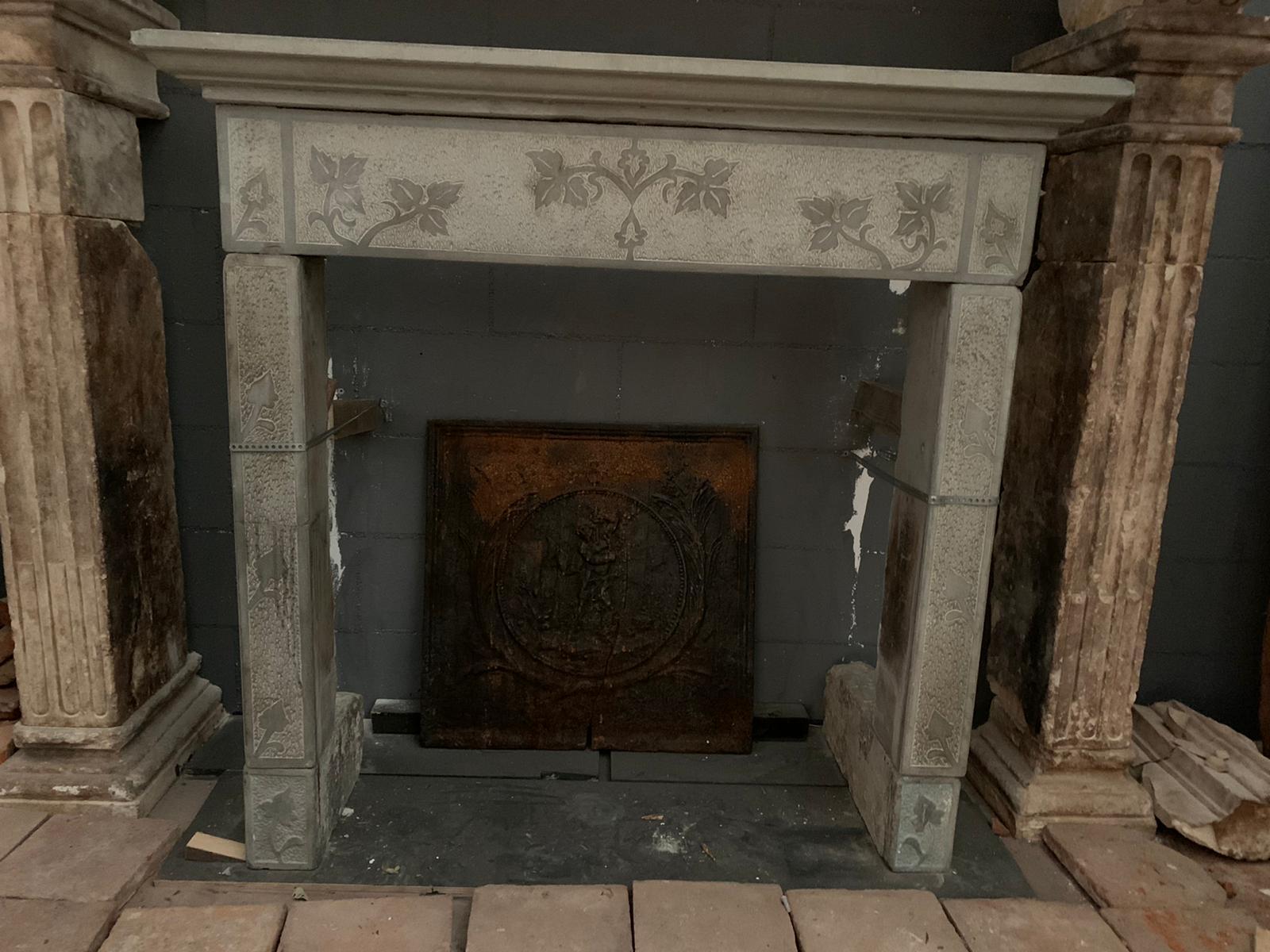 Antique Grey Stone Fireplace Mantle, Carved with Leaves, Late 18th Century Italy For Sale 6