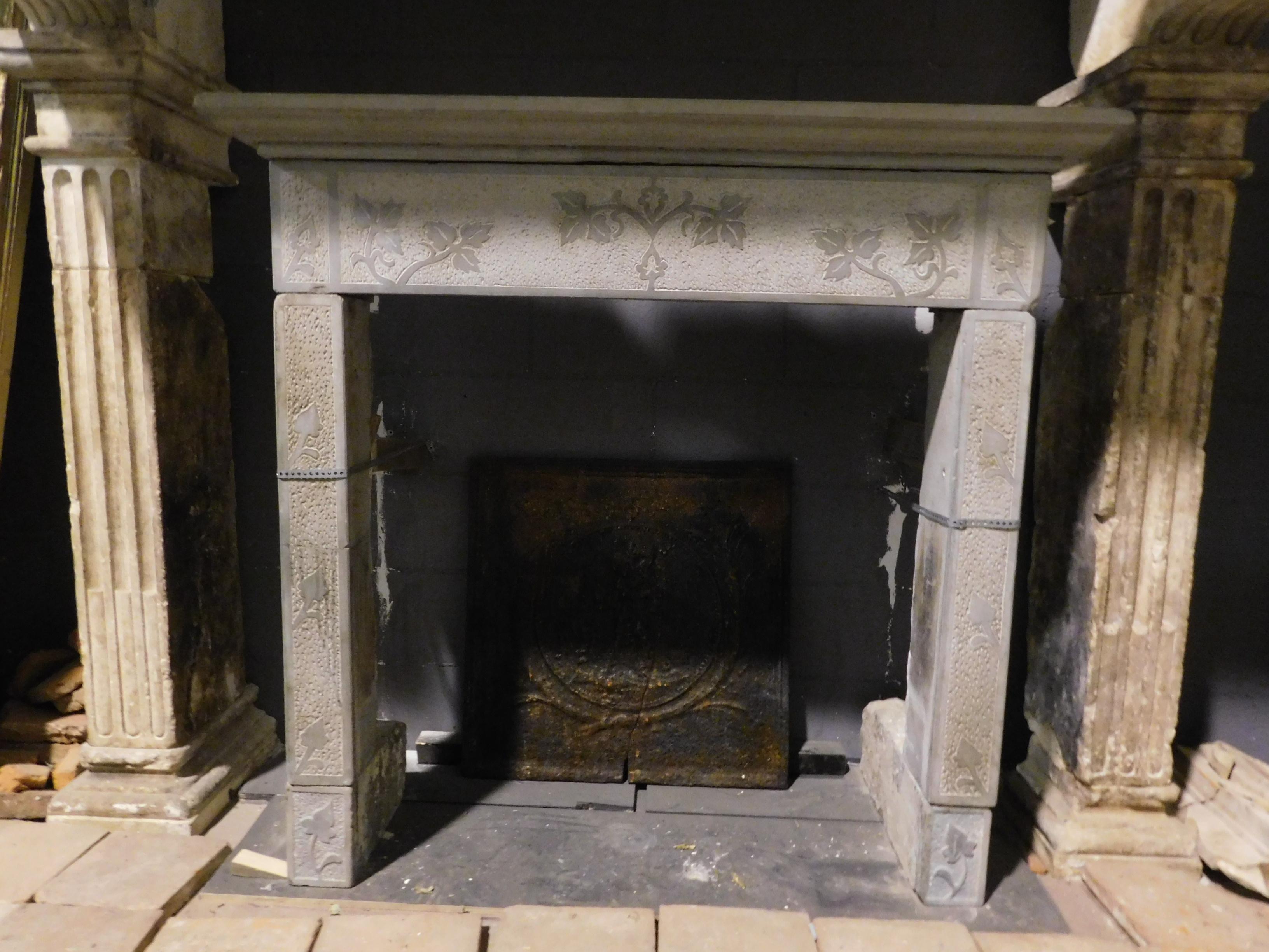 Italian Antique Grey Stone Fireplace Mantle, Carved with Leaves, Late 18th Century Italy For Sale