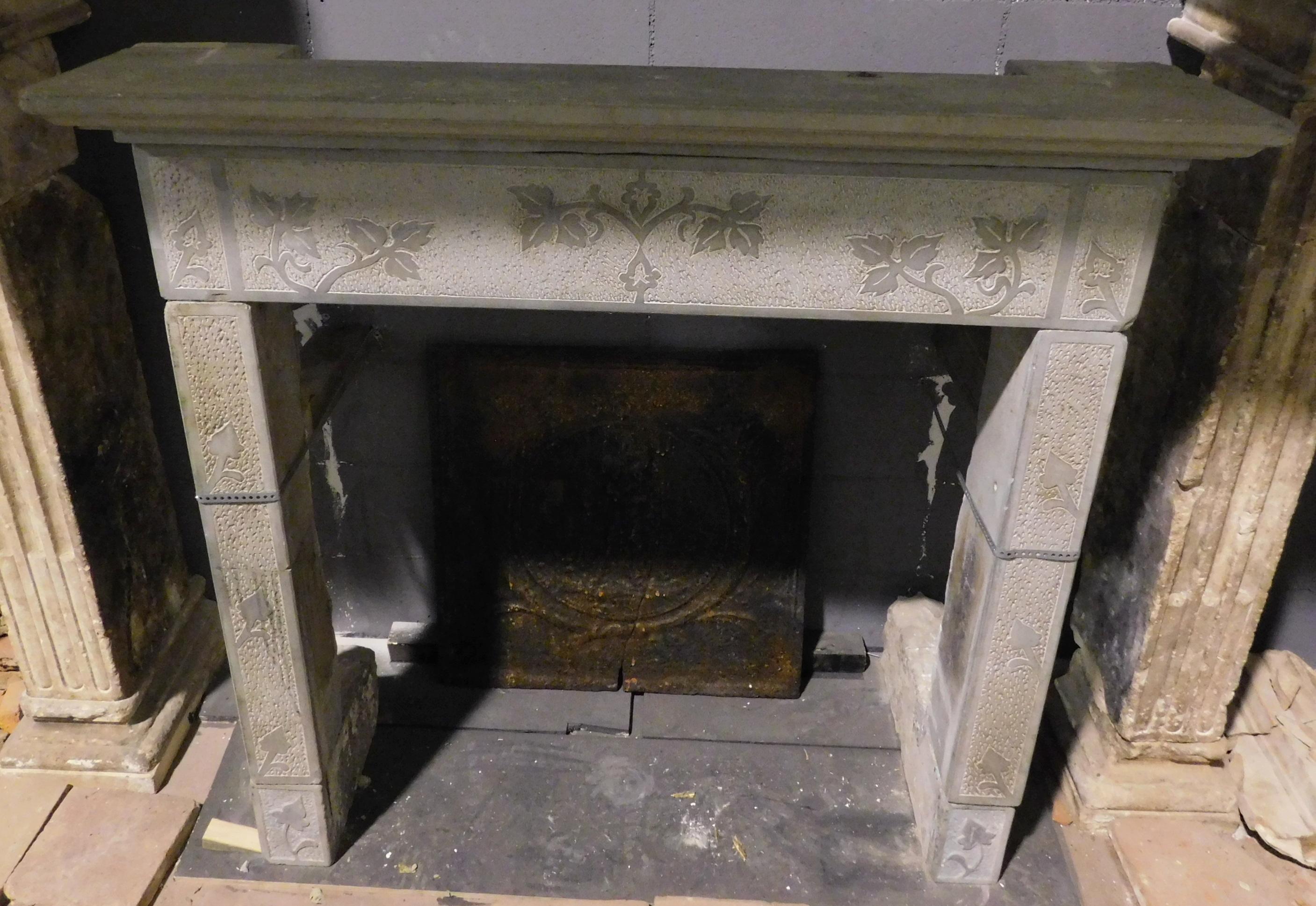 Hand-Carved Antique Grey Stone Fireplace Mantle, Carved with Leaves, Late 18th Century Italy For Sale