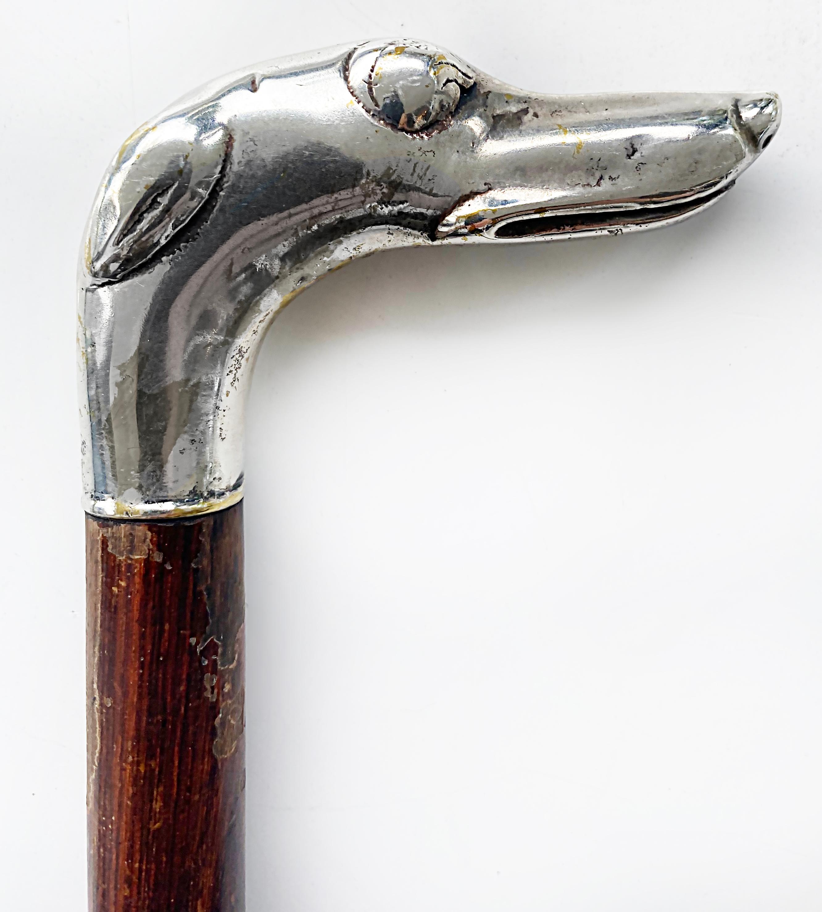 Antique Greyhound Dog Silverplate and Wood Walking Stick In Good Condition For Sale In Miami, FL