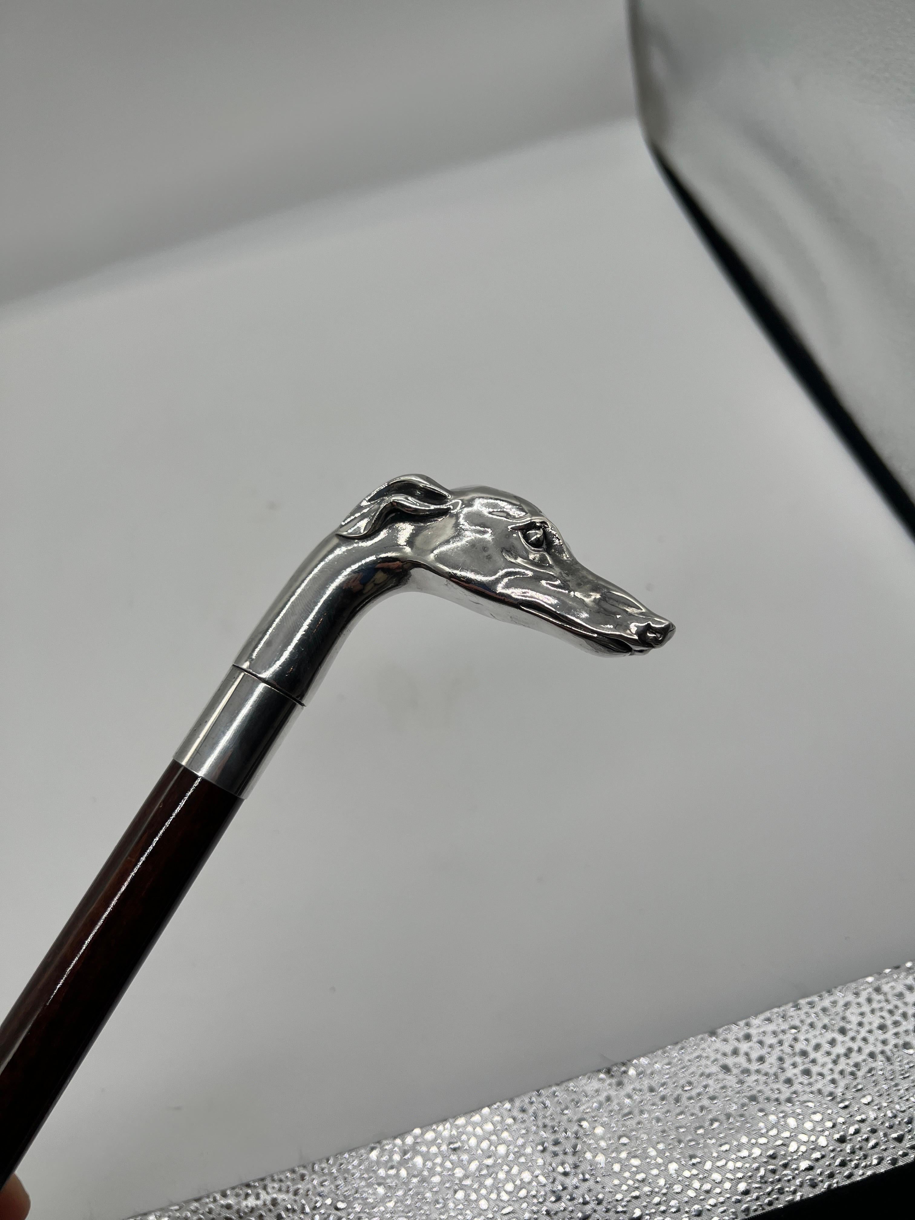 American Antique Greyhound Motif Sterling Silver, Mahogany & Brass Tip Walking Cane