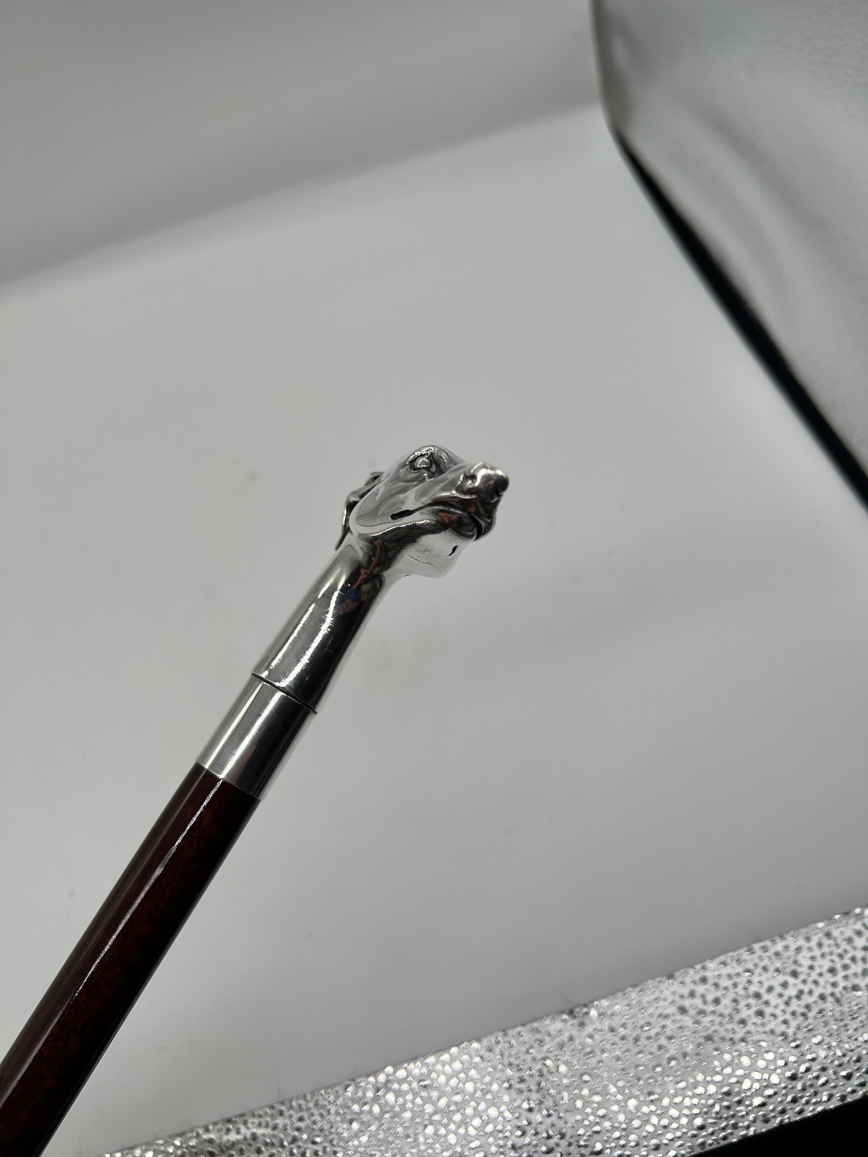 Antique Greyhound Motif Sterling Silver, Mahogany & Brass Tip Walking Cane In Good Condition In Atlanta, GA