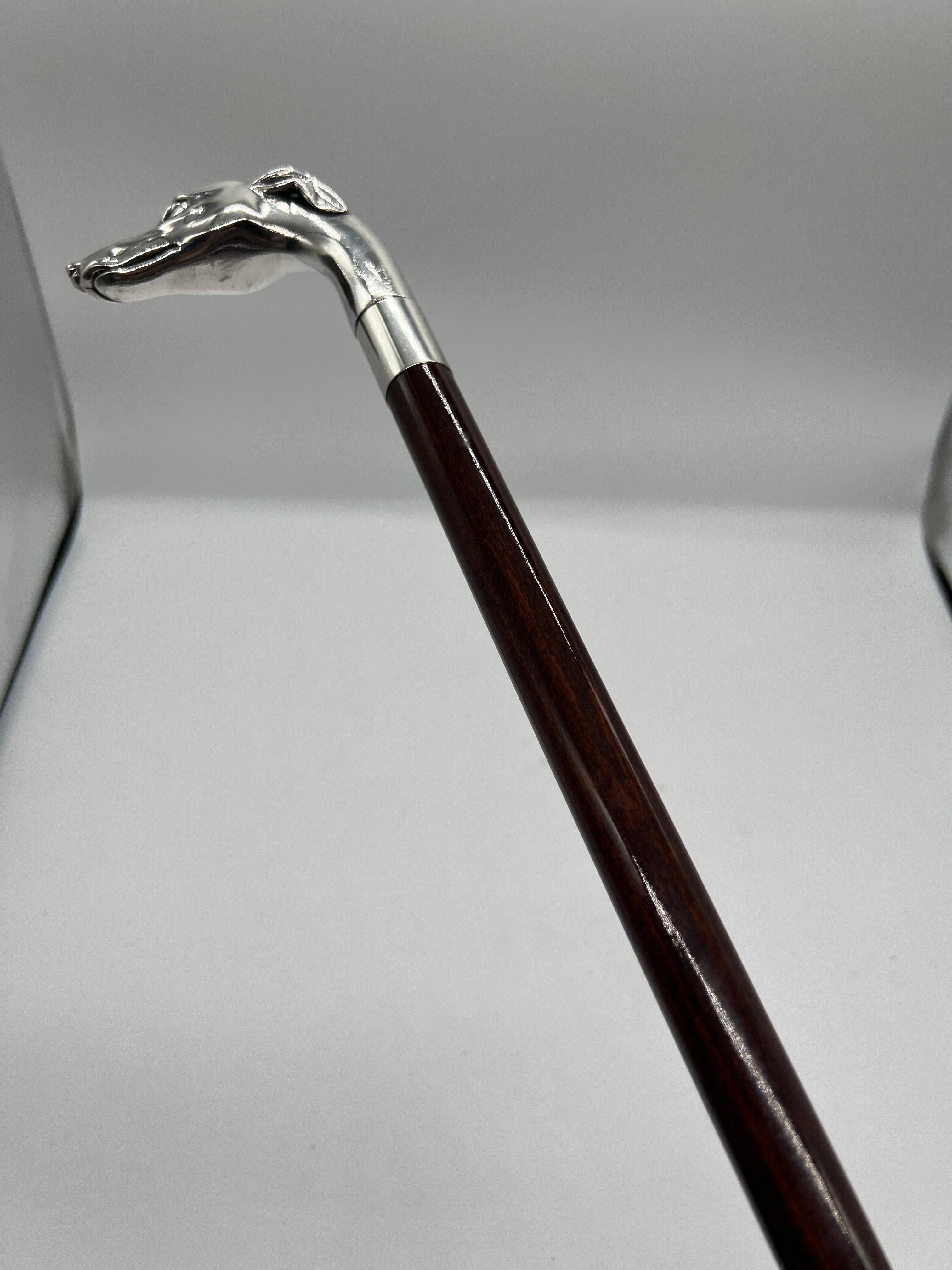 Antique Greyhound Motif Sterling Silver, Mahogany & Brass Tip Walking Cane 3