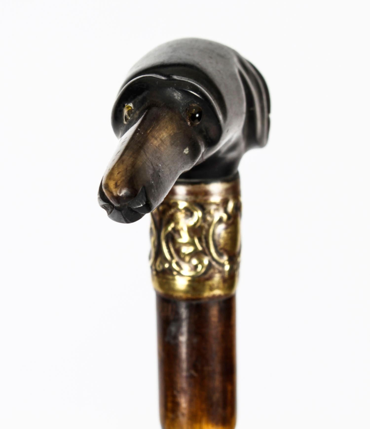 Wood Antique Greyhound Pommel & Malacca Walking Stick Cane, 19th Century
