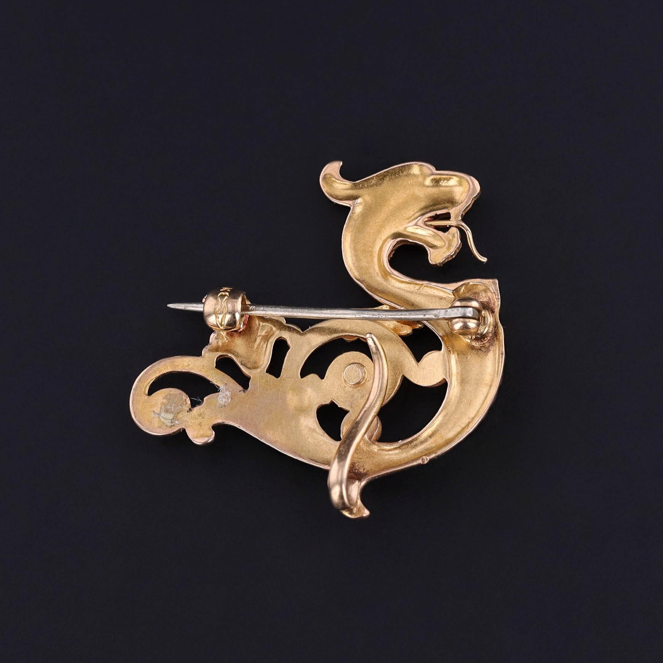 Art Nouveau Antique Griffin Brooch of 14k Gold For Sale