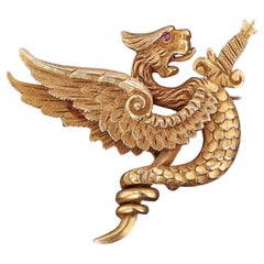 Antique Griffin Brooch of 14k Gold