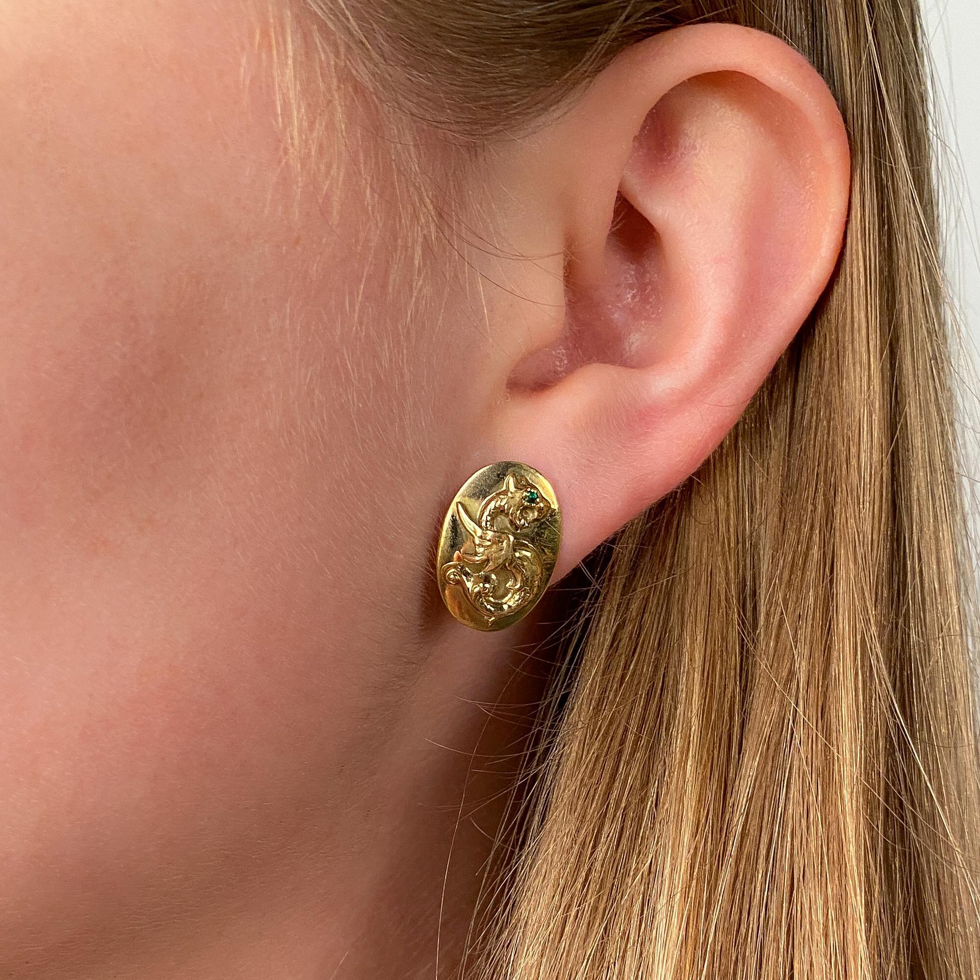 Women's Antique Griffin Cufflink Earrings of 14k Gold For Sale