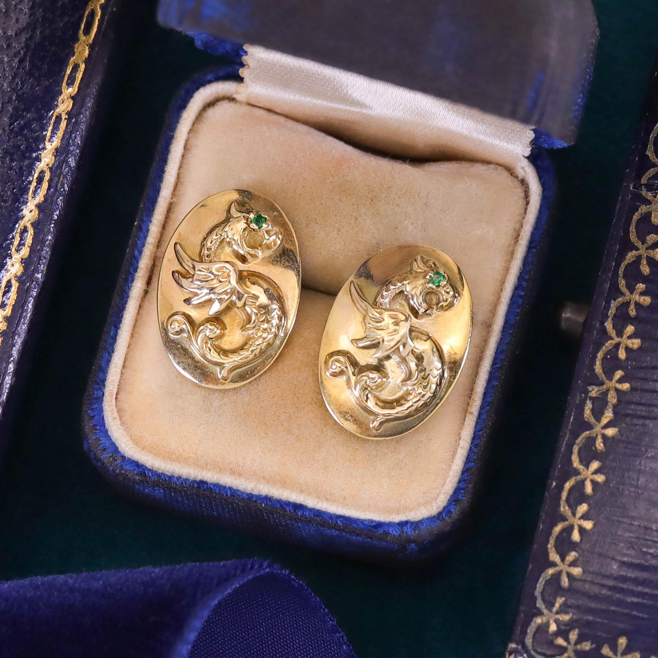 Antique Griffin Cufflink Earrings of 14k Gold For Sale 1
