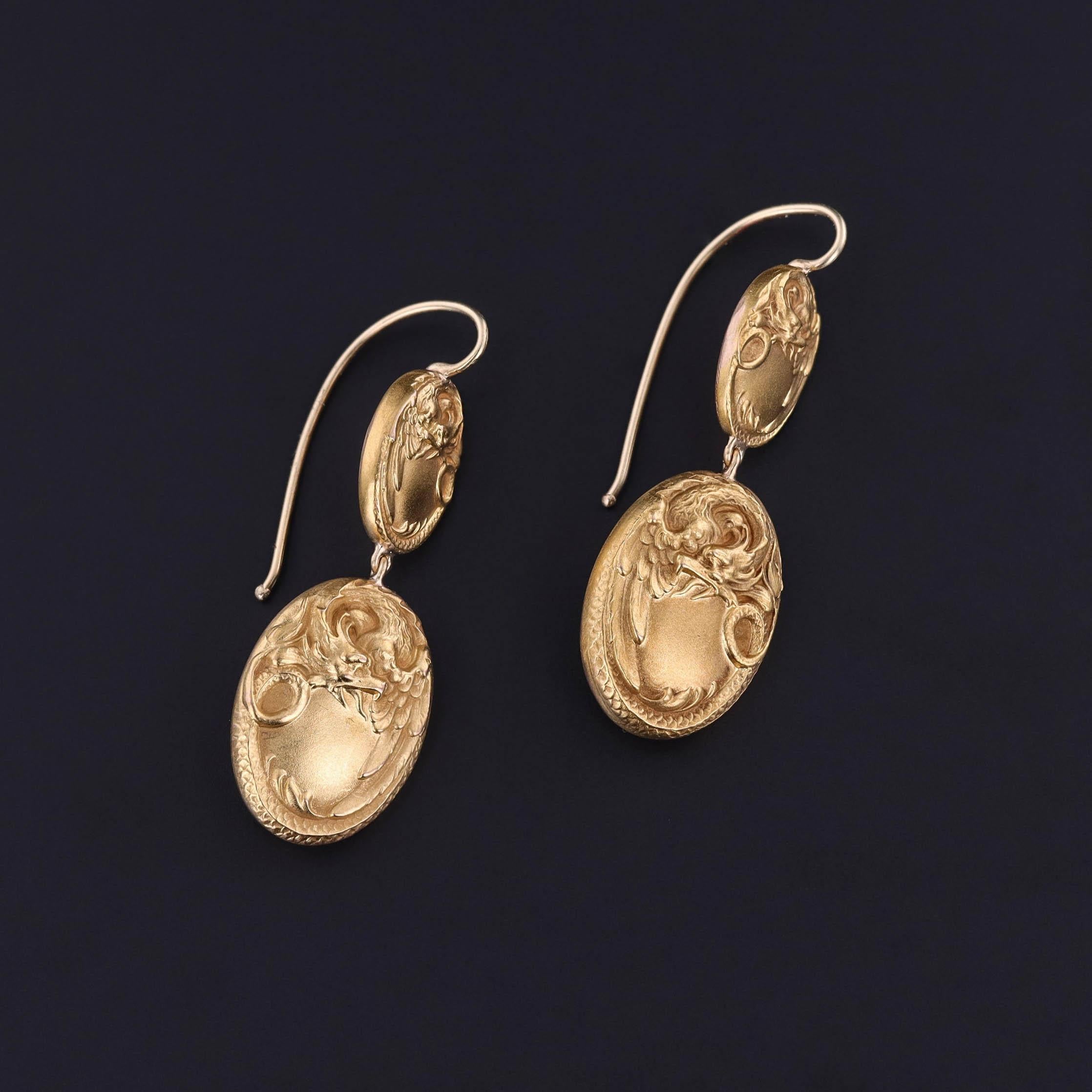 Art Nouveau Antique Griffin Earrings of 14k Gold For Sale