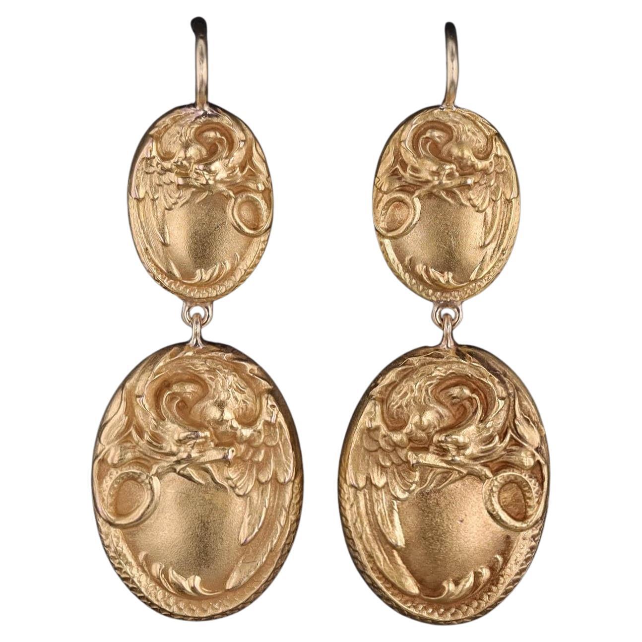 Antique Griffin Earrings of 14k Gold For Sale