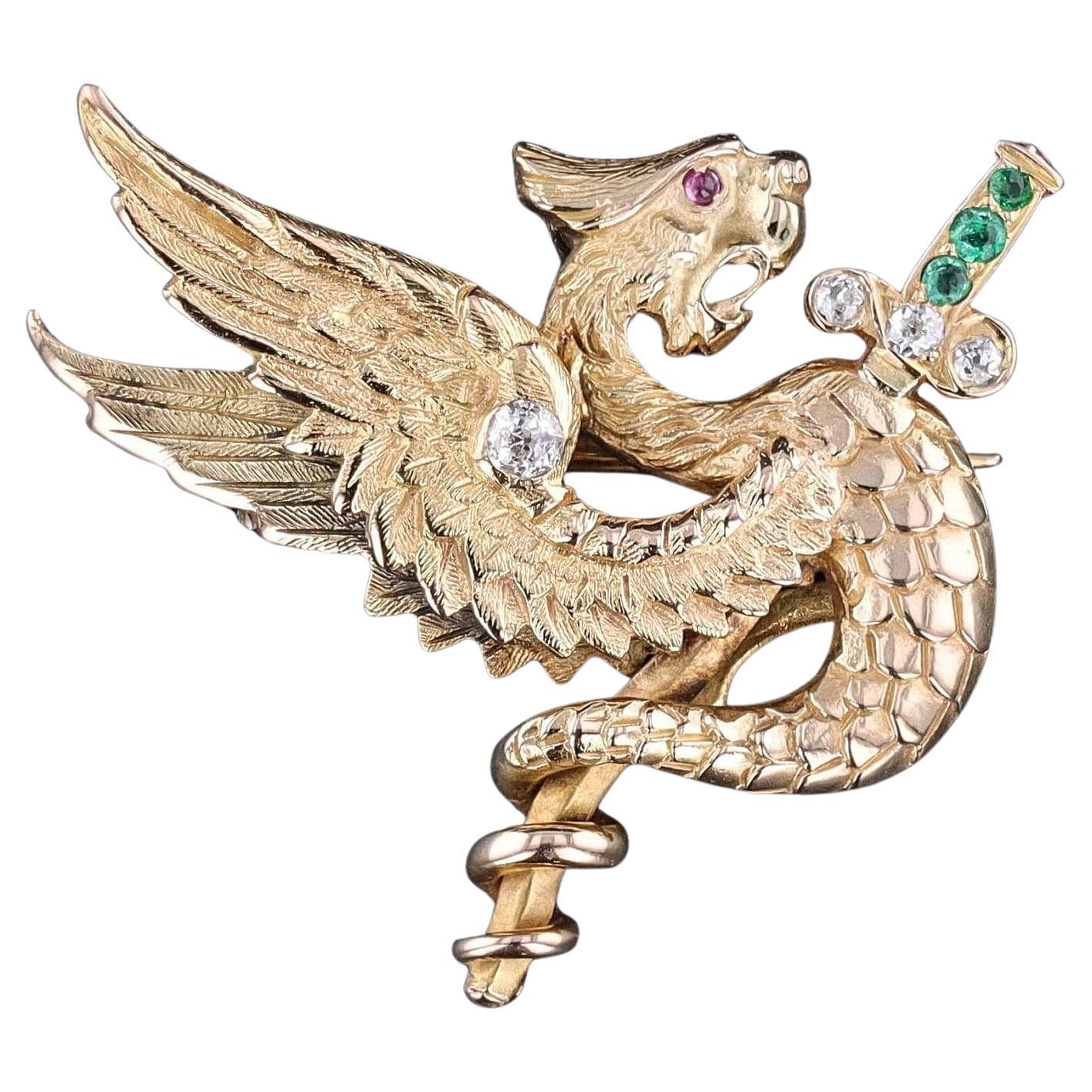 Antique Griffin Pin of 14k Gold