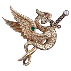 Antique Griffin Pin of 14k Gold with Gem Accents, Circa 1910