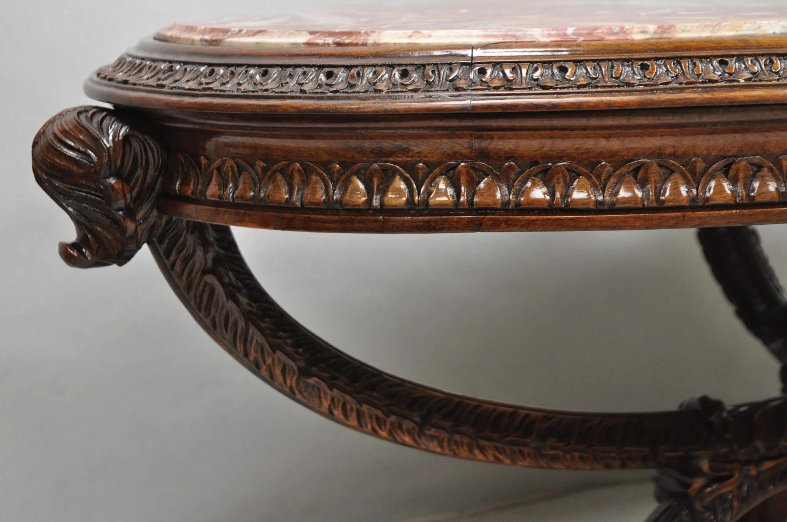 Antique The Marble House of Antiques French Regency Plume Carved Mahogany Marble Table à café en vente 7