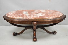 Antique Grosfeld House French Regency Plume Carved Mahogany Marble Coffee Table