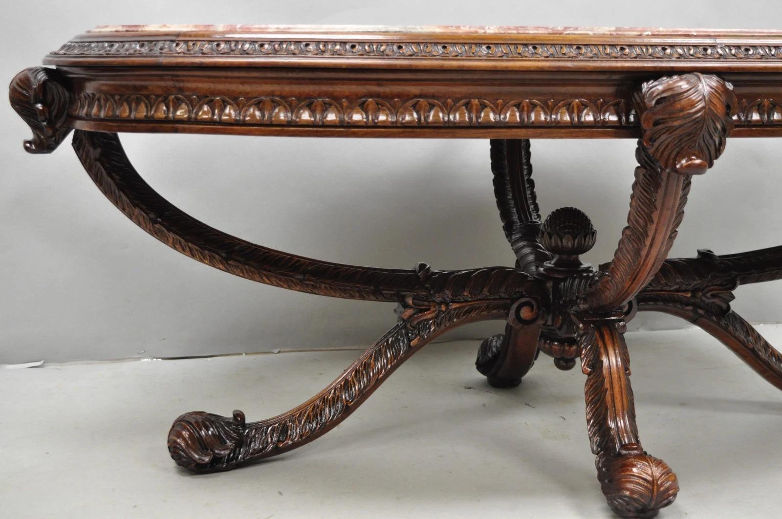 20ième siècle Antique The Marble House of Antiques French Regency Plume Carved Mahogany Marble Table à café en vente