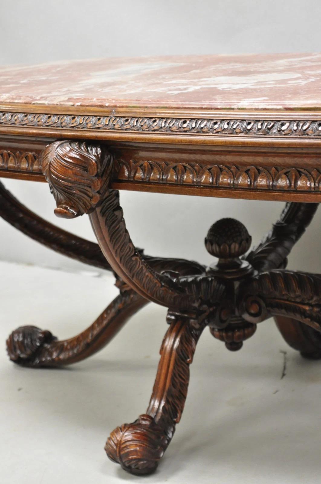 Marbre Antique The Marble House of Antiques French Regency Plume Carved Mahogany Marble Table à café en vente