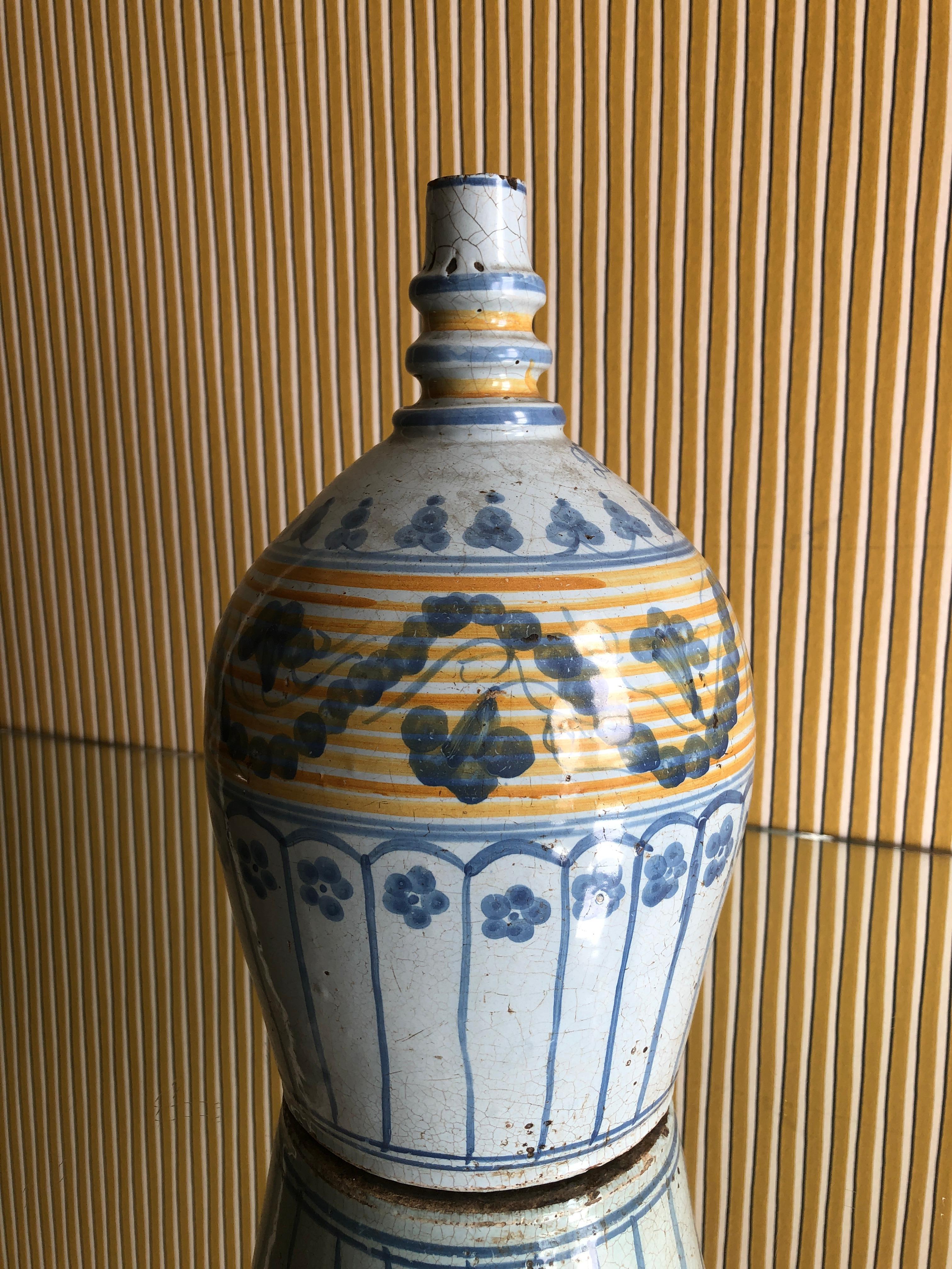 Italian Antique Grottaglia Ceramic Bottle Vase with Decorations, Italy Late 19th Century