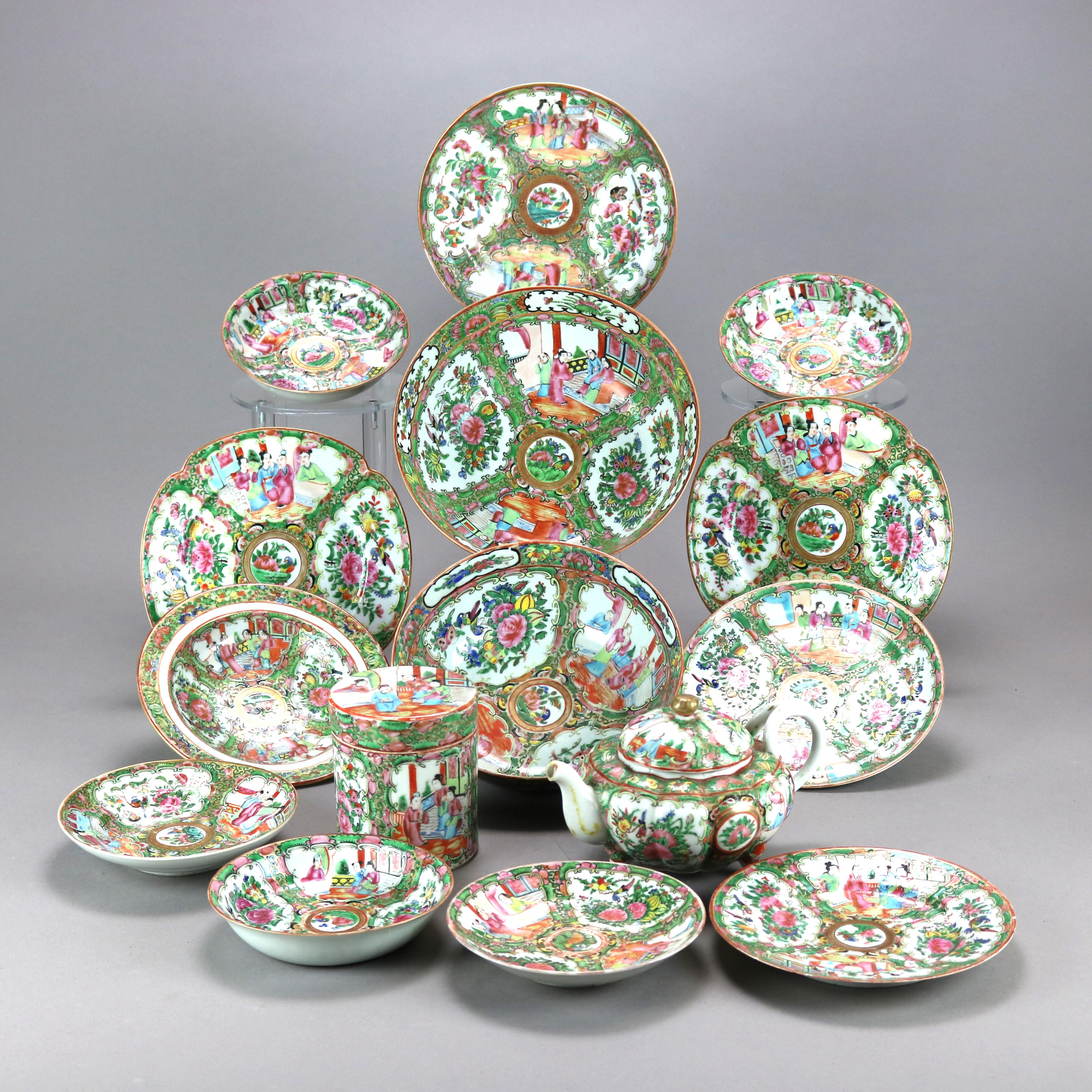 Enameled Antique Group of Fifteen Chinese Rose Medallion Porcelain Dining Pieces, c1900