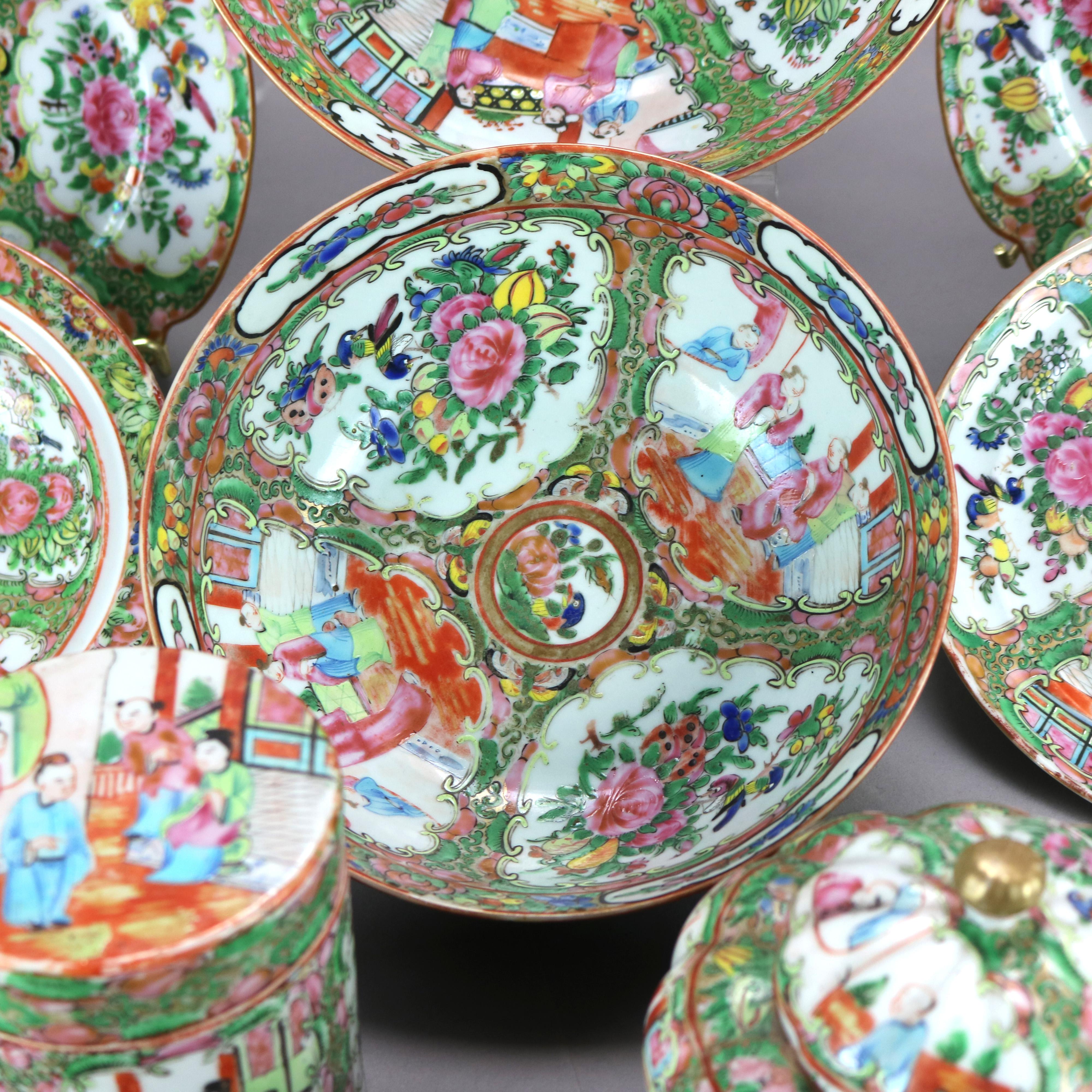 Antique Group of Fifteen Chinese Rose Medallion Porcelain Dining Pieces, c1900 4