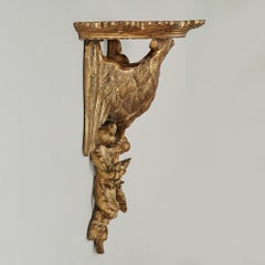 Antique Group of Four Crown and Eagle Carved Wood Wall Brackets