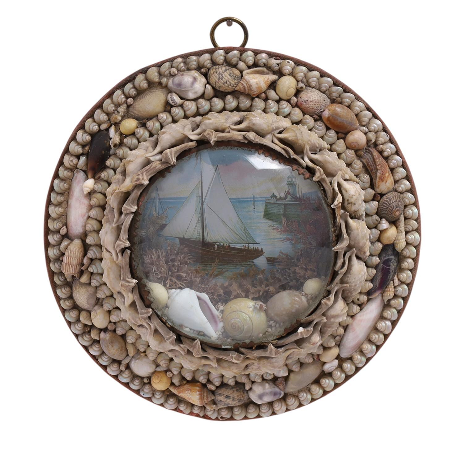 Charming group of three 19th century round Sailors Valentines ambitiously handcrafted with exotic seashells around images of sailing ships or schooners as seen through a convex glass lens. 