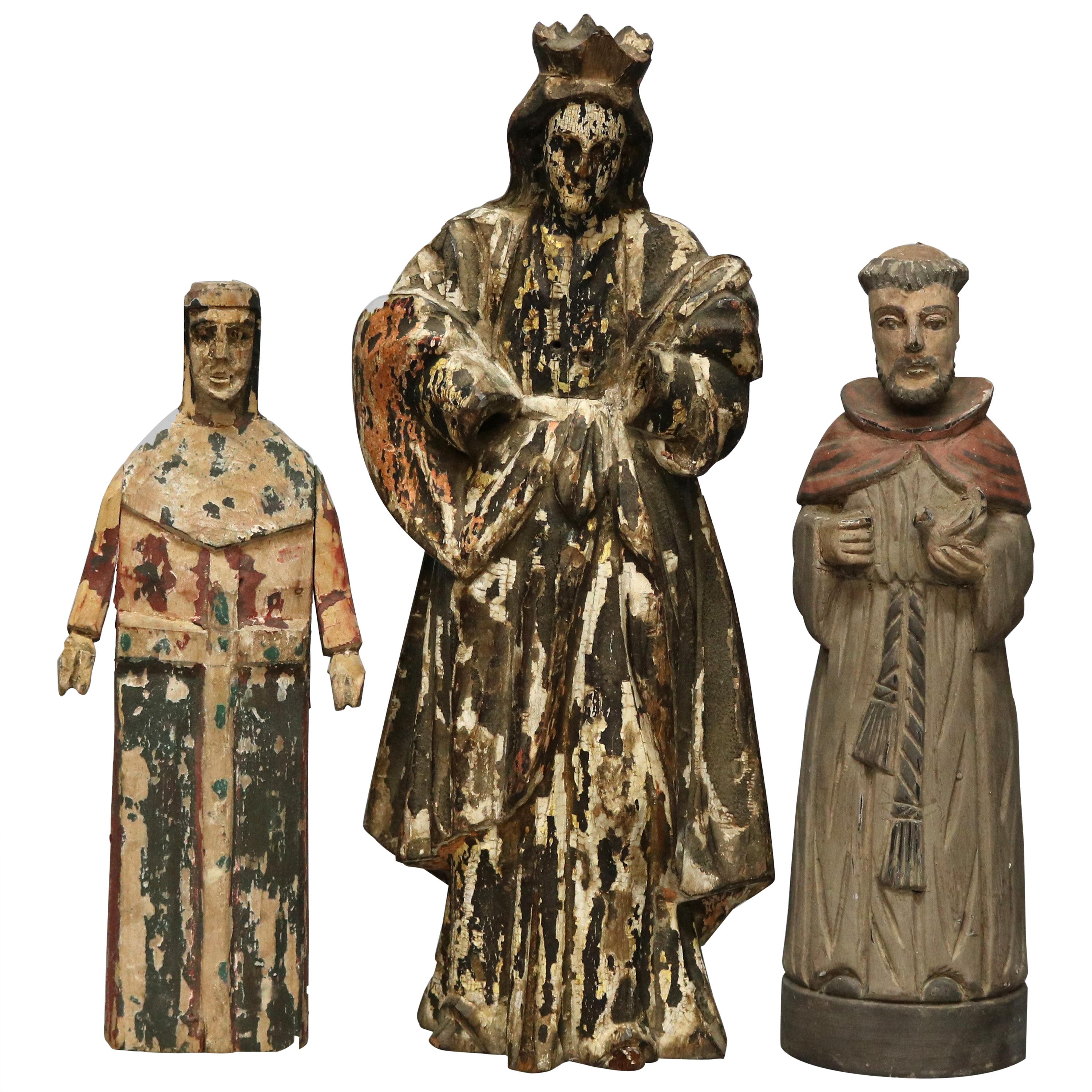 Antique Group of Three Spanish Polychromed Carved Wood Santos Figures