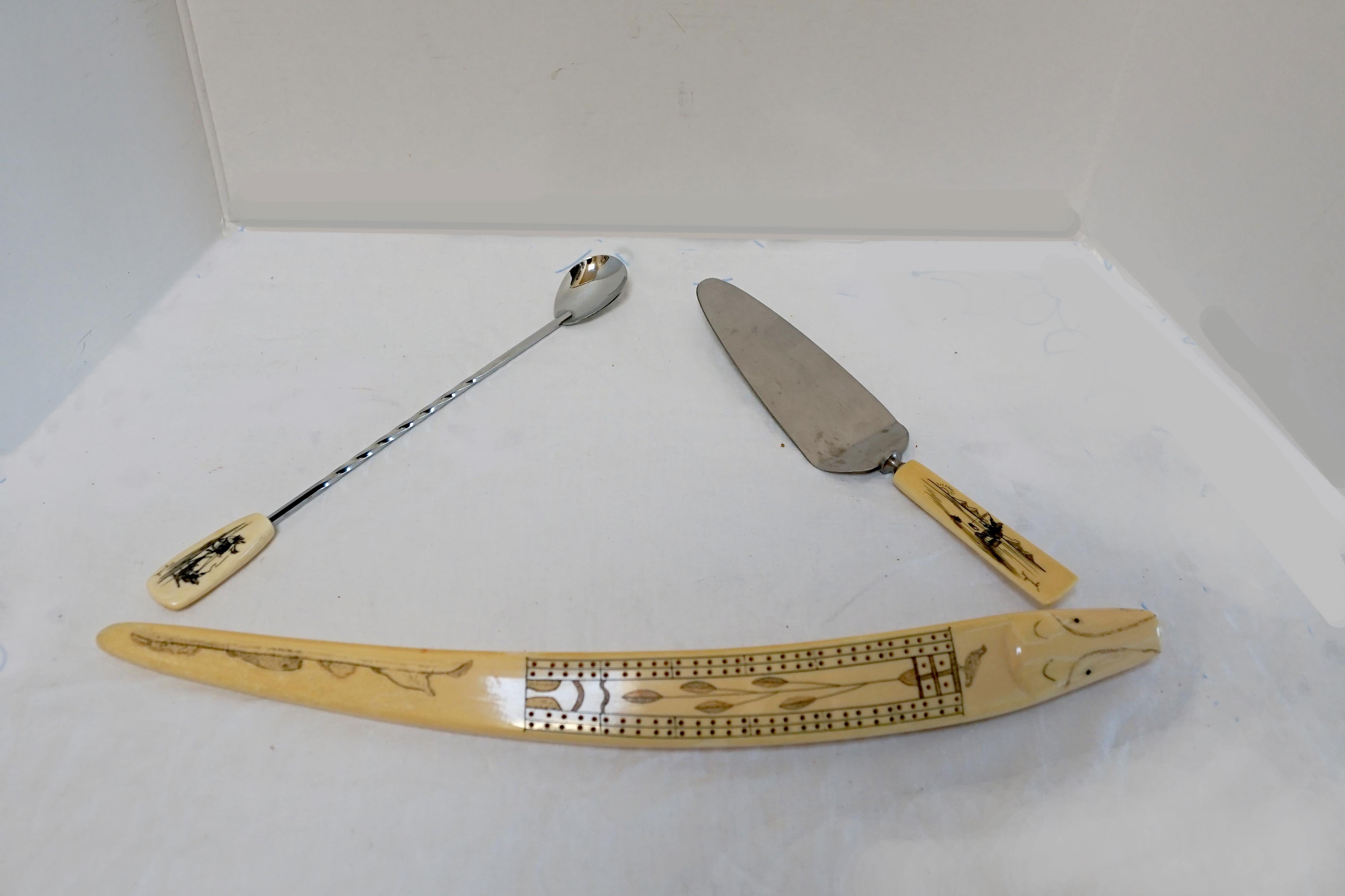 Antique Set of Walrus Tusk Scrimshaw Cribbage Items and Alaskan Utensils 4