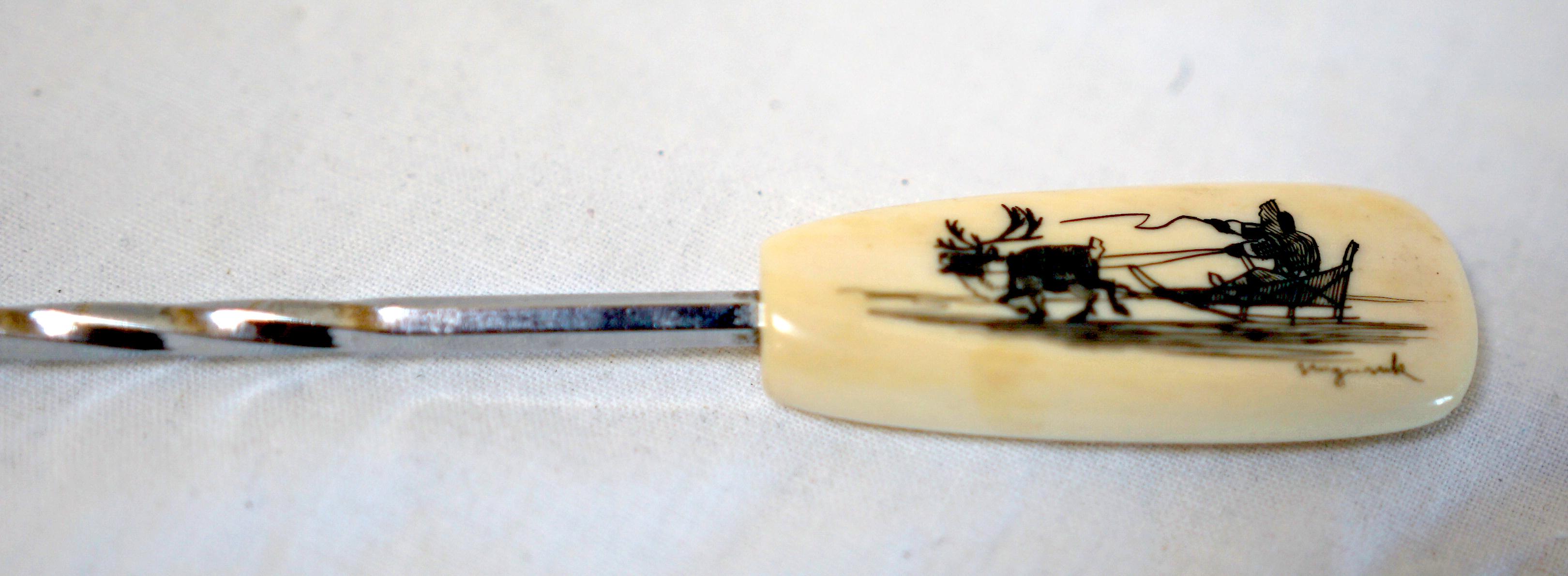 Antique Set of Walrus Tusk Scrimshaw Cribbage Items and Alaskan Utensils 5