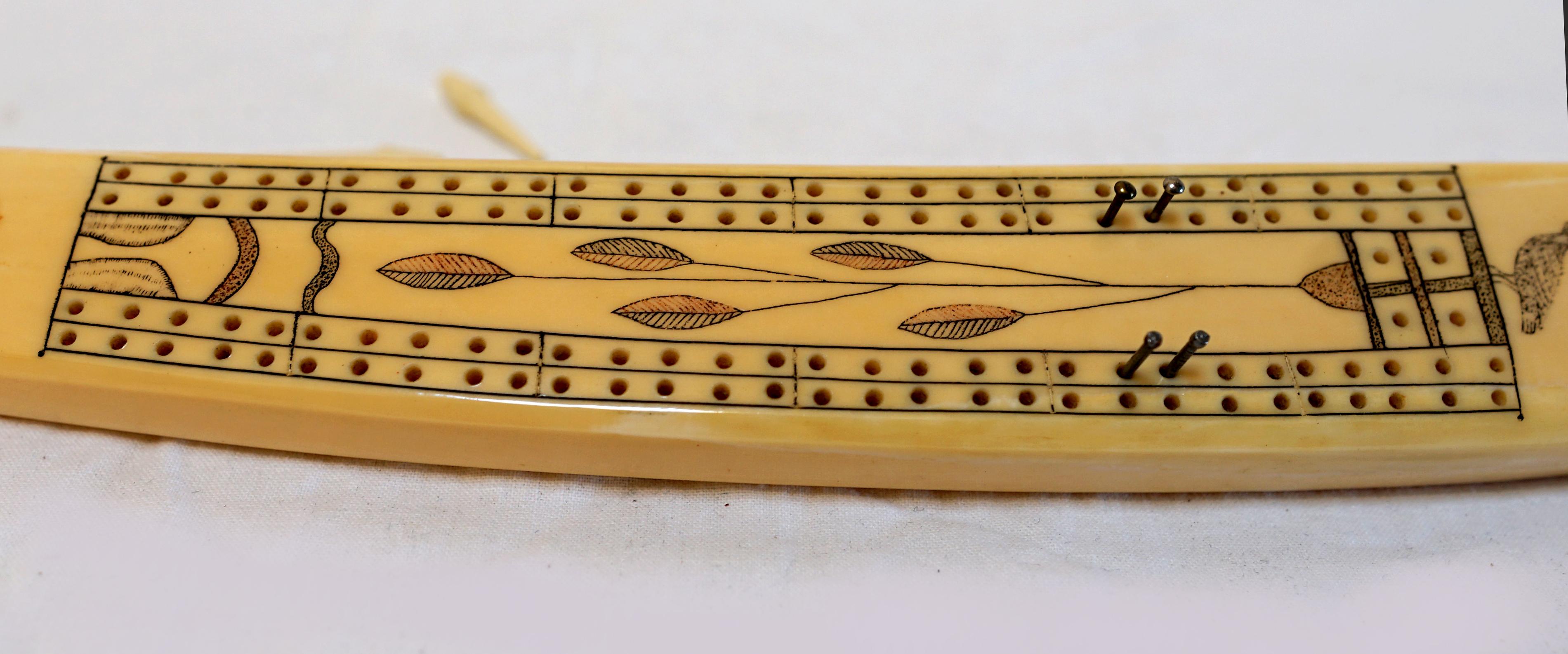 Folk Art Antique Set of Walrus Tusk Scrimshaw Cribbage Items and Alaskan Utensils