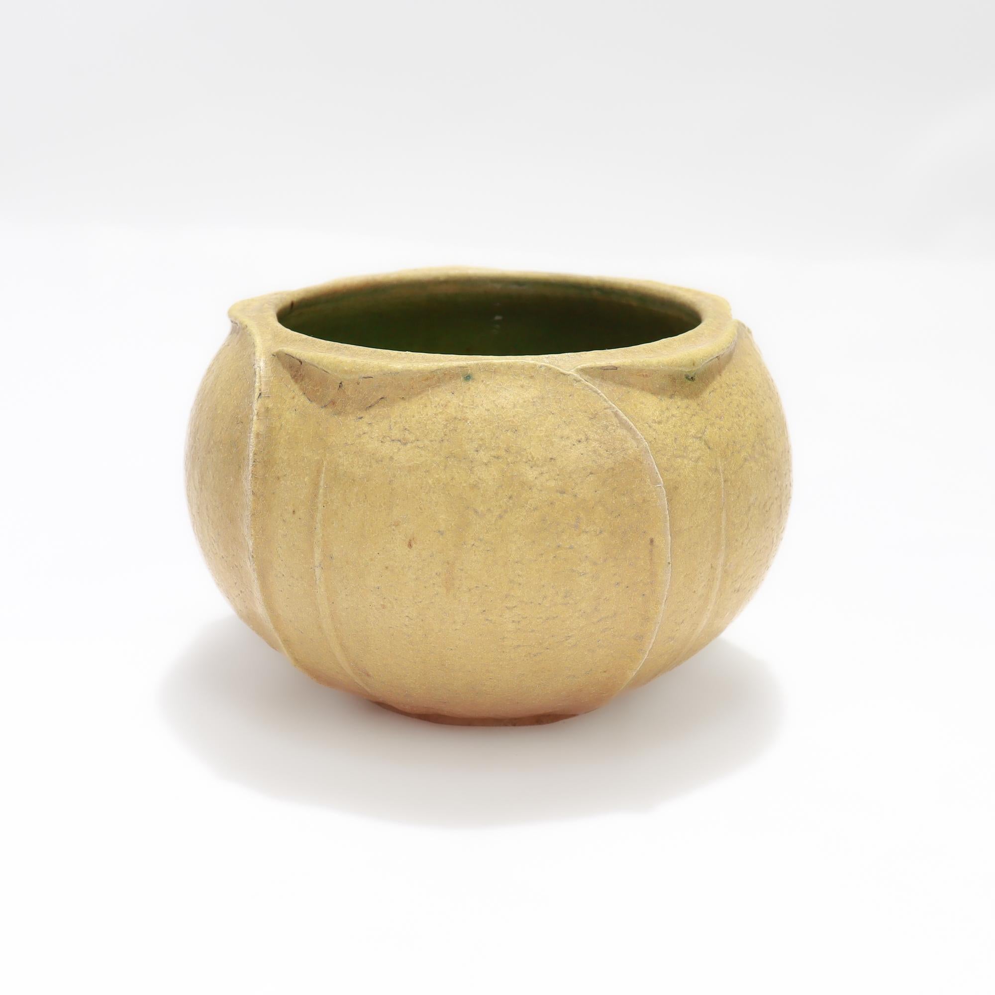 Arts and Crafts Antique Grueby Art Pottery Arts & Crafts Matte Yellow Low Bowl or Squat Vase For Sale