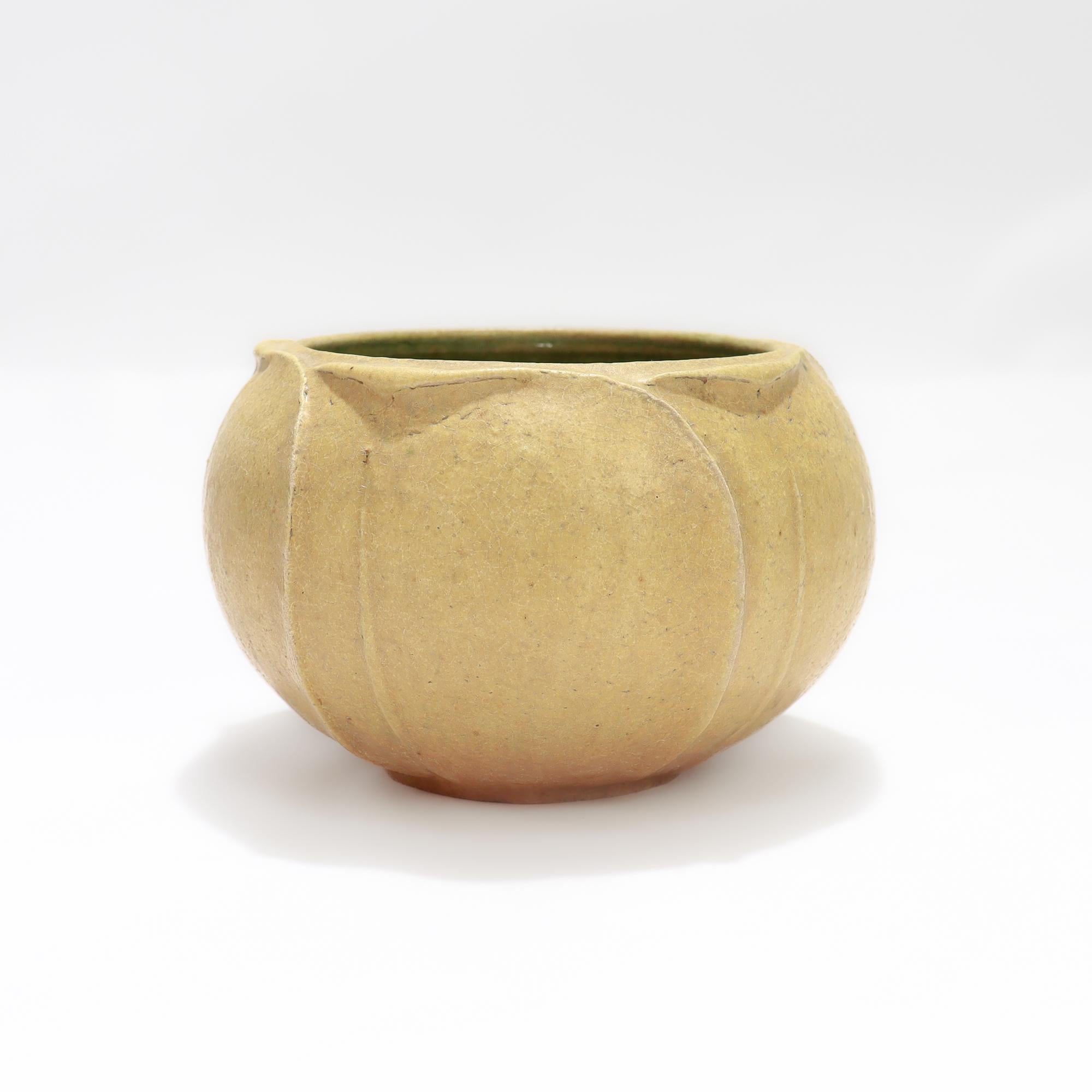 American Antique Grueby Art Pottery Arts & Crafts Matte Yellow Low Bowl or Squat Vase For Sale