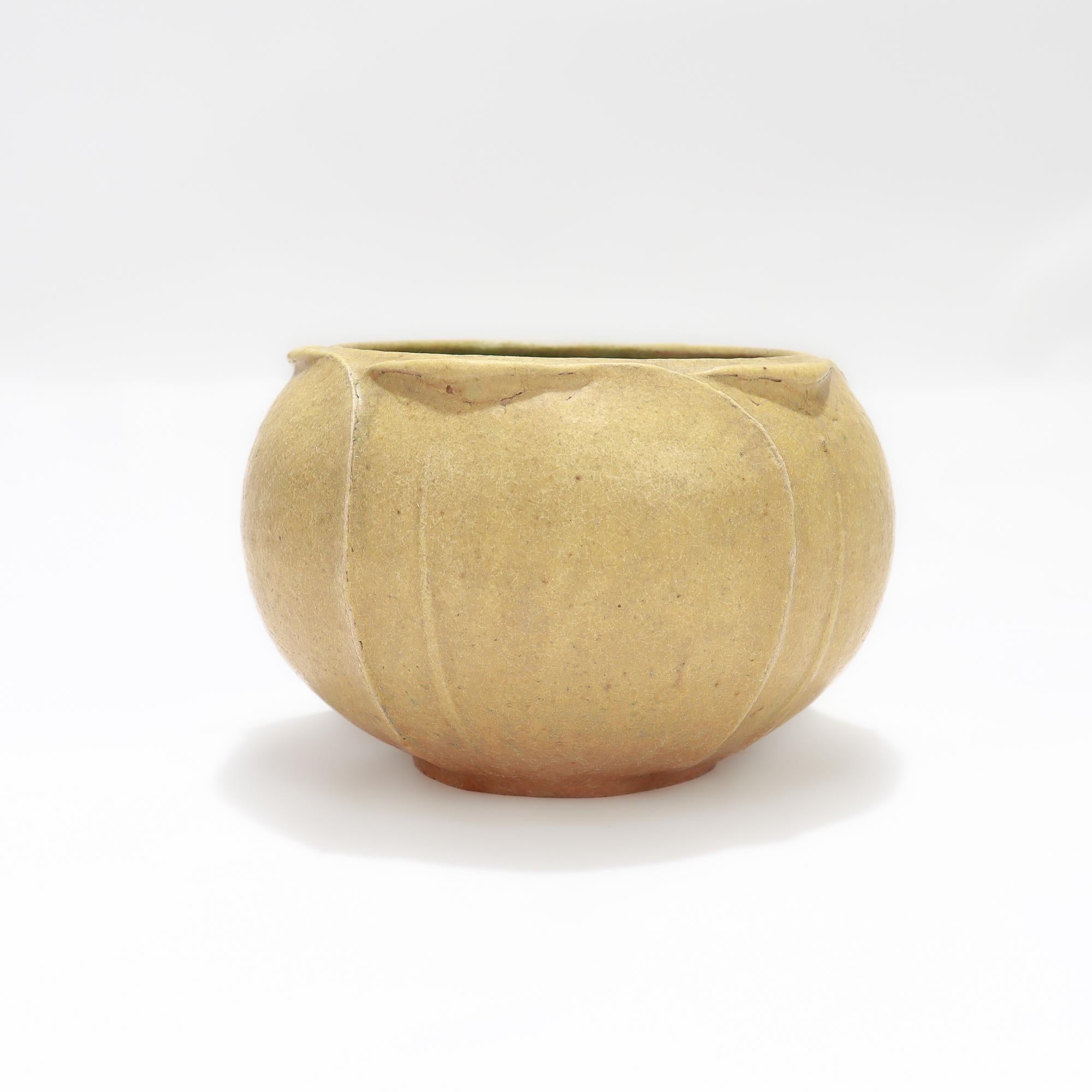 20th Century Antique Grueby Art Pottery Arts & Crafts Matte Yellow Low Bowl or Squat Vase For Sale