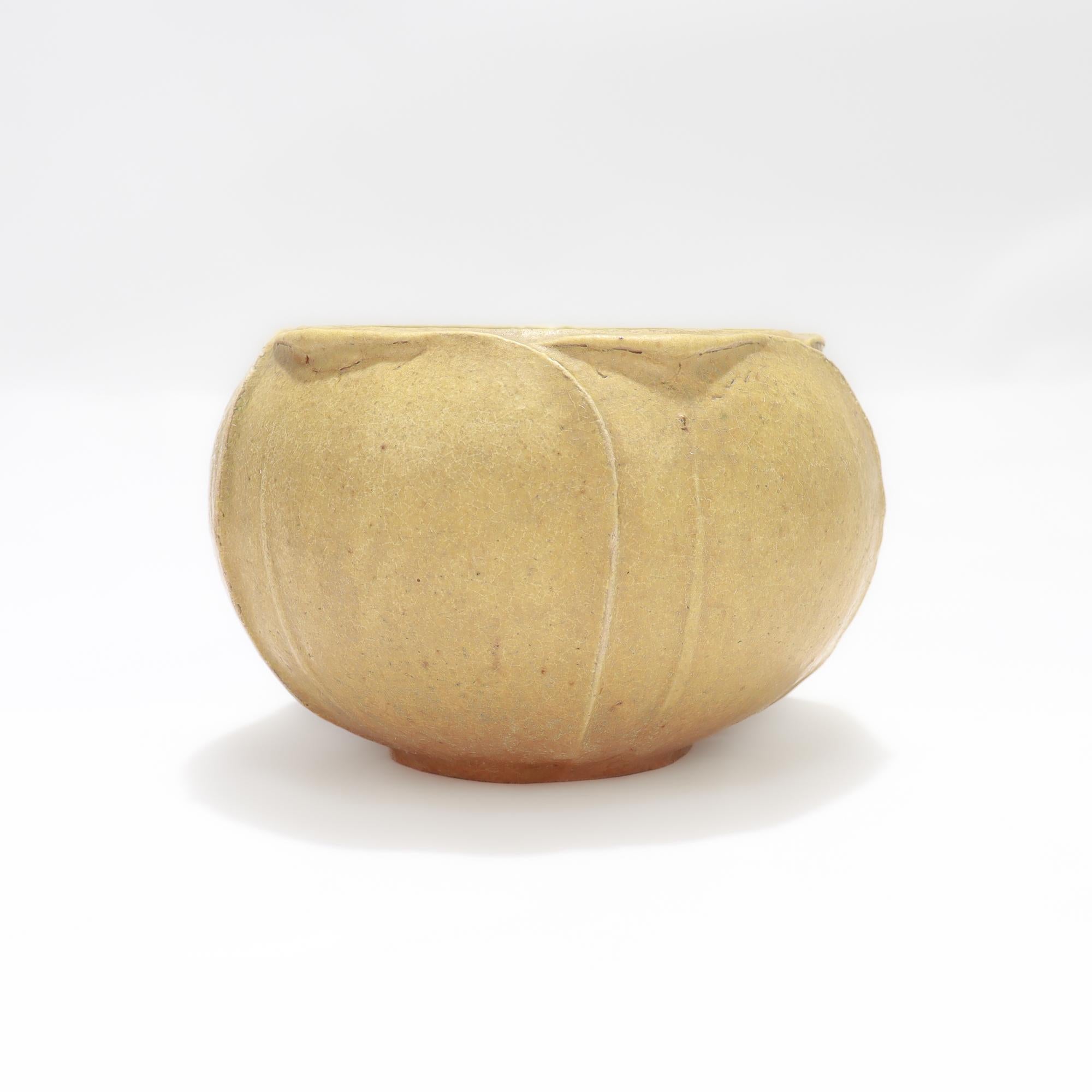 Antique Grueby Art Pottery Arts & Crafts Matte Yellow Low Bowl or Squat Vase For Sale 1