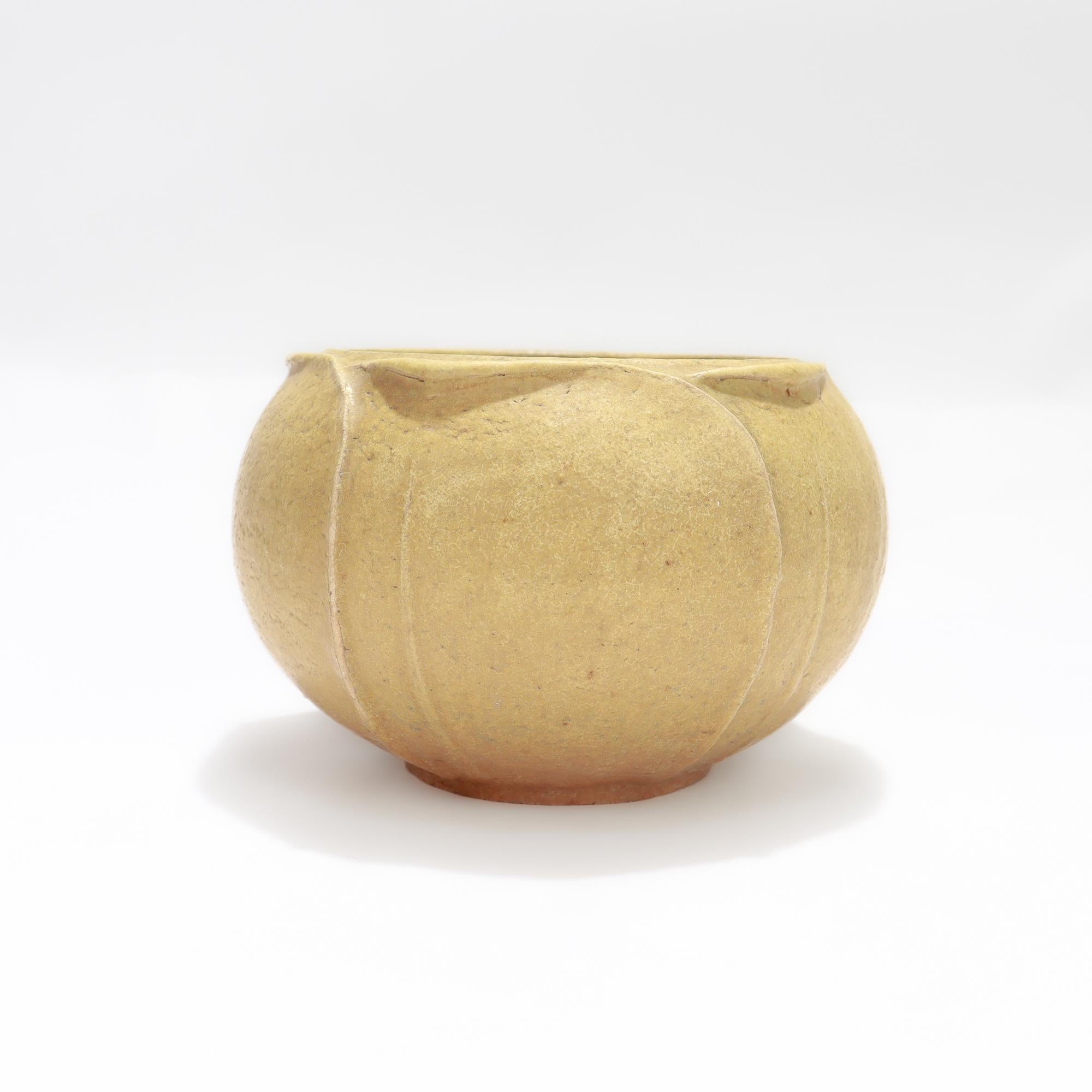Antique Grueby Art Pottery Arts & Crafts Matte Yellow Low Bowl or Squat Vase For Sale 2