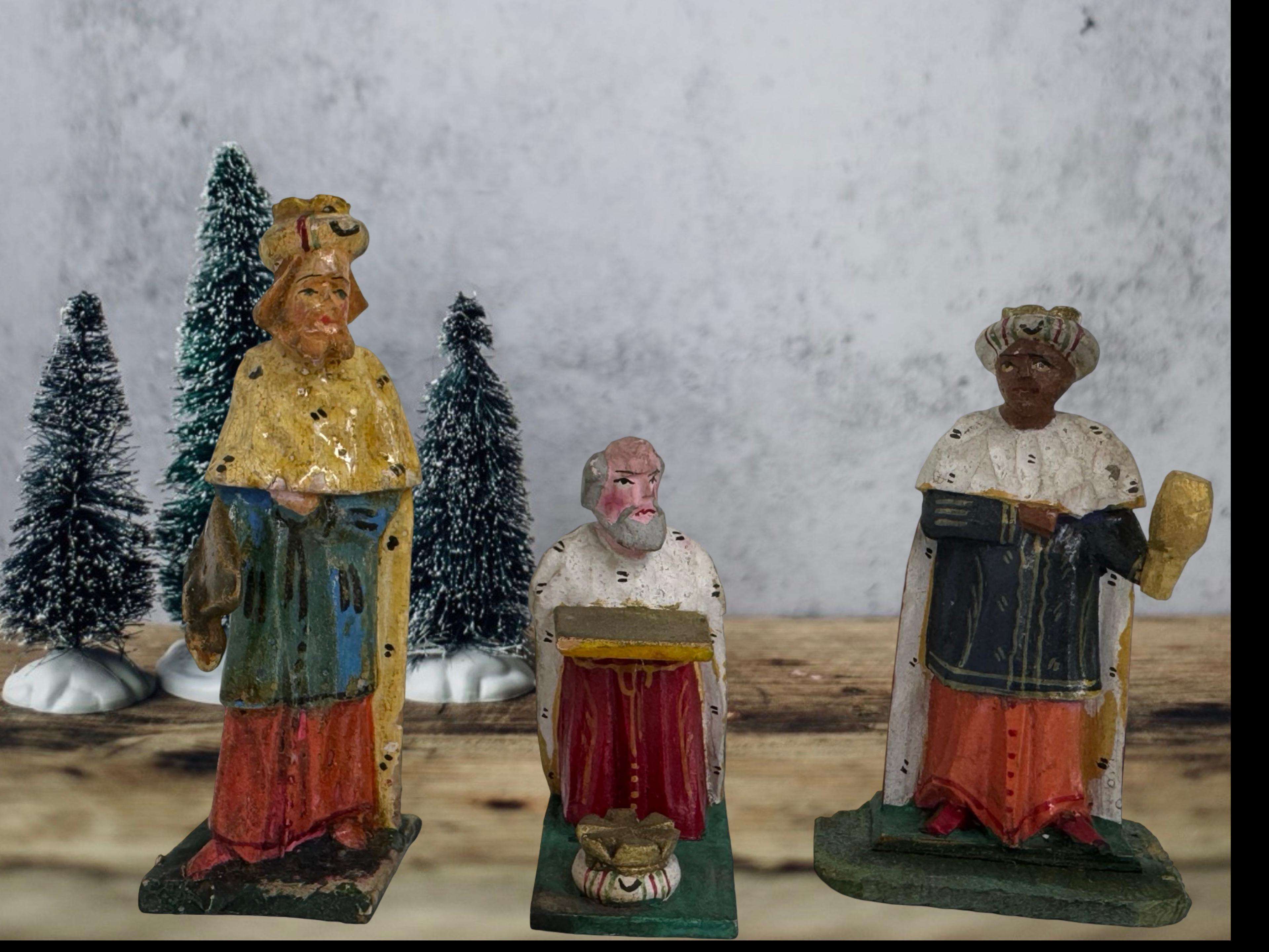 Antique Grulich Christmas Nativity Figure Lot, late 19th Century Folk Art Madera en venta