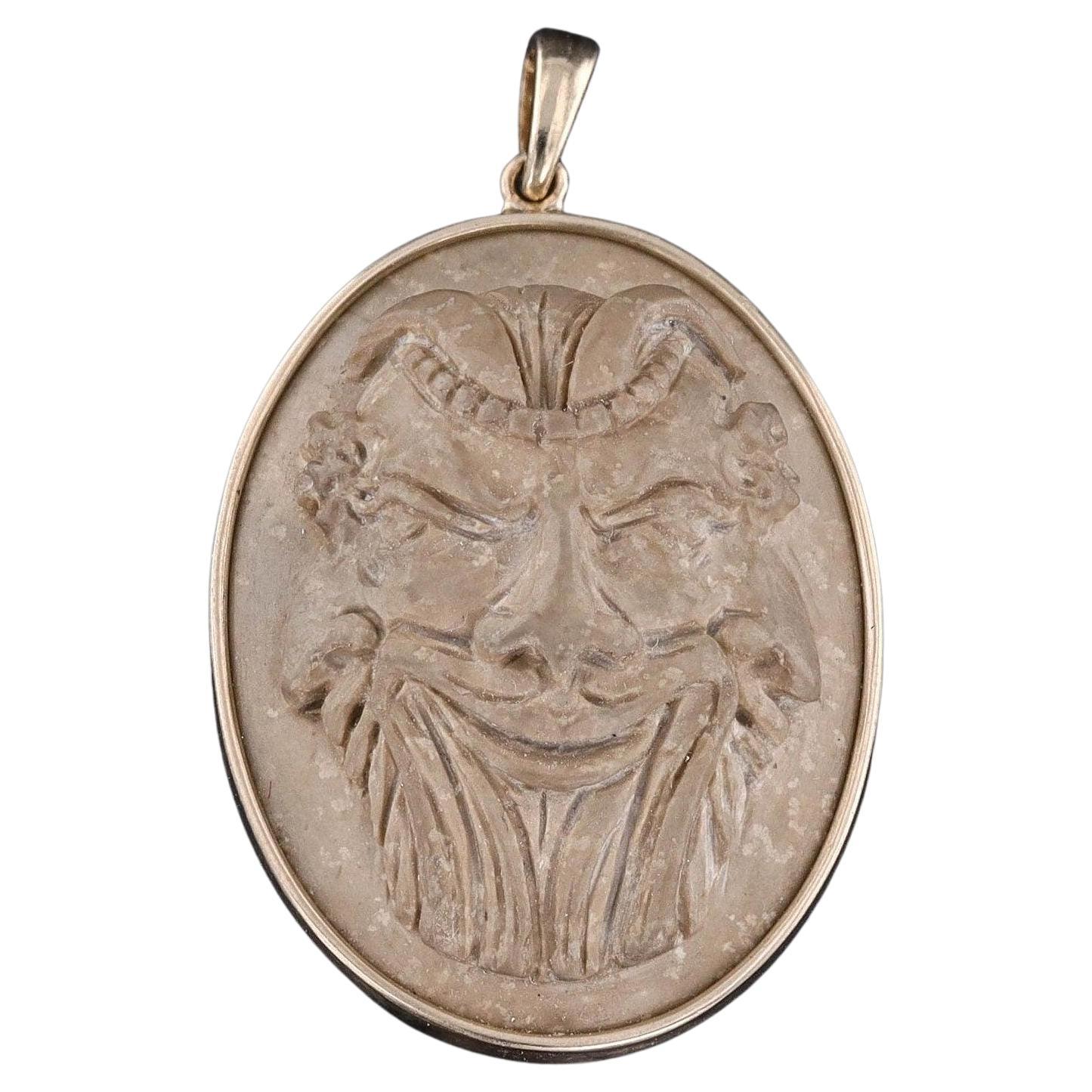 Antique Gryllos Lava Cameo Pendant of 14k Gold
