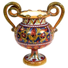 Antique Gualdo Tadino Pottery Snake Handle Italian Luster Majolica Vase Urn 11"