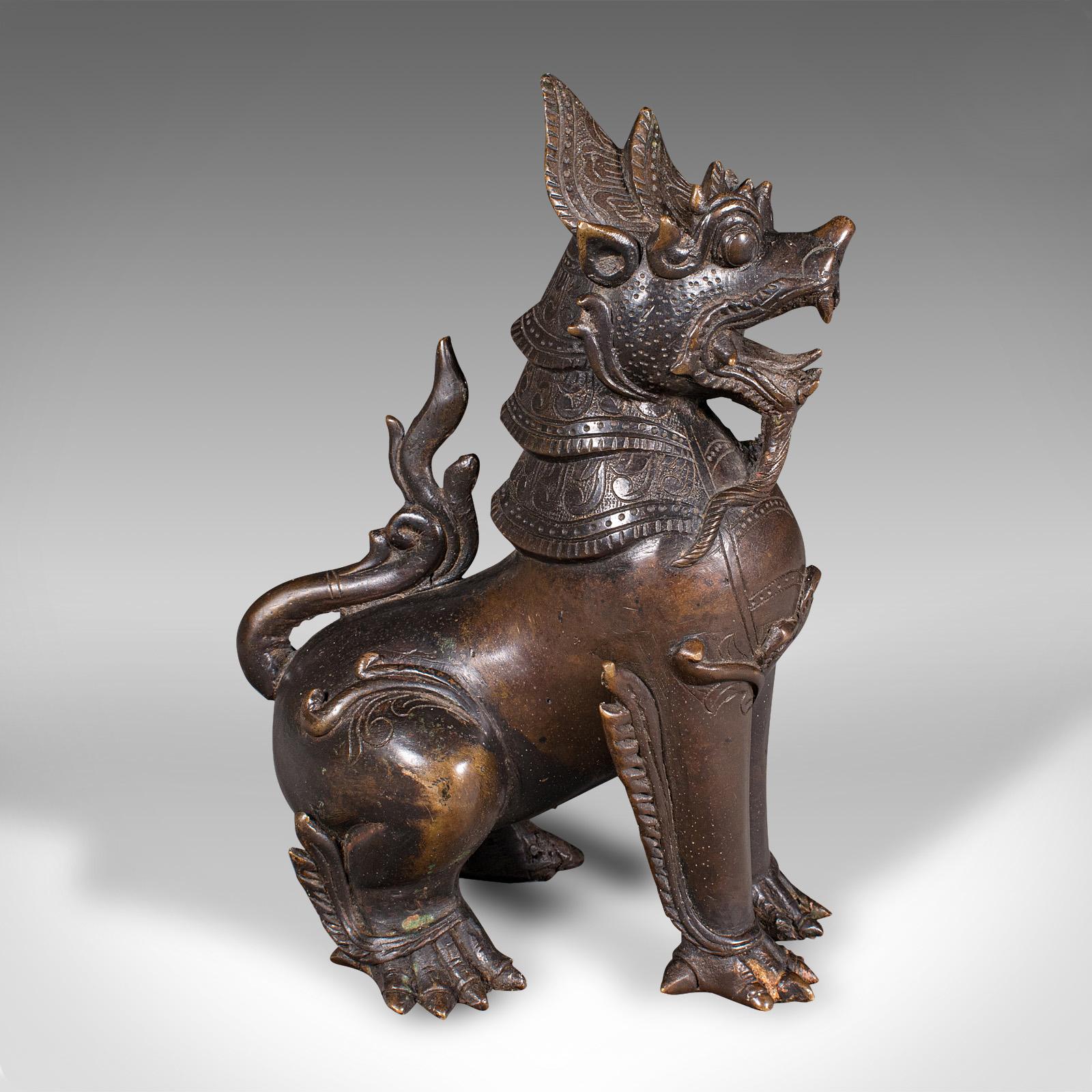 19th Century Antique Guardian Lion Figure, Chinese, Bronze Ornament, Buddhist Icon, Victorian