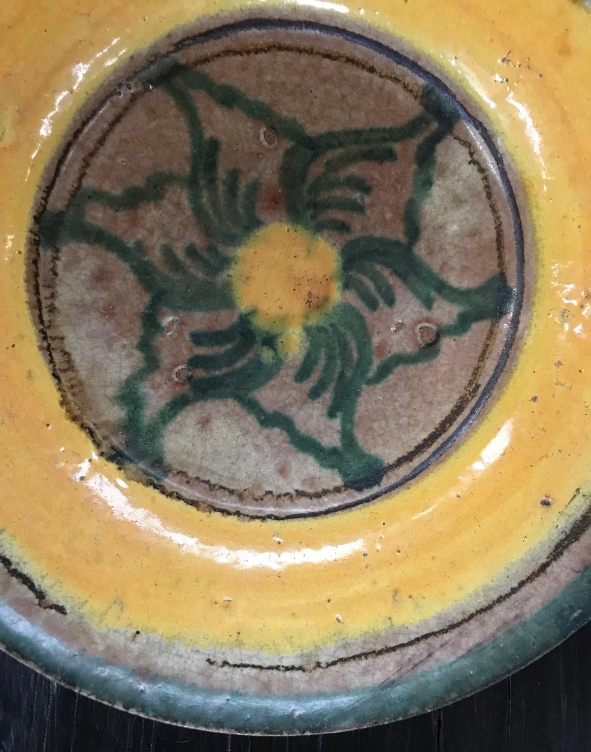 Spanish Colonial Antique Guatemalan Majolica, Green Flower with Yellow