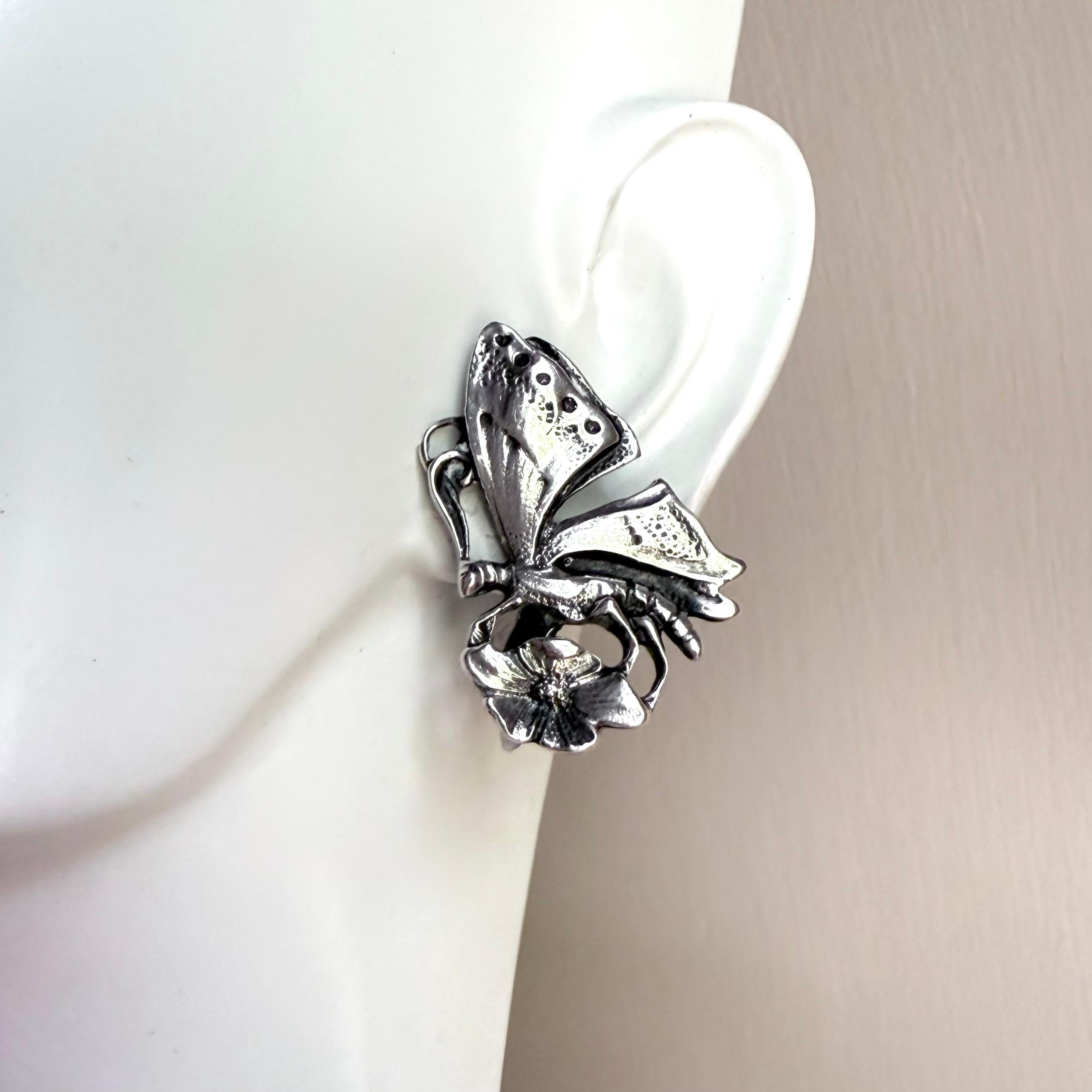 Art Nouveau Guglielmo Cini Butterfly Flora Earrings ClipOn Sterling Silver For Sale