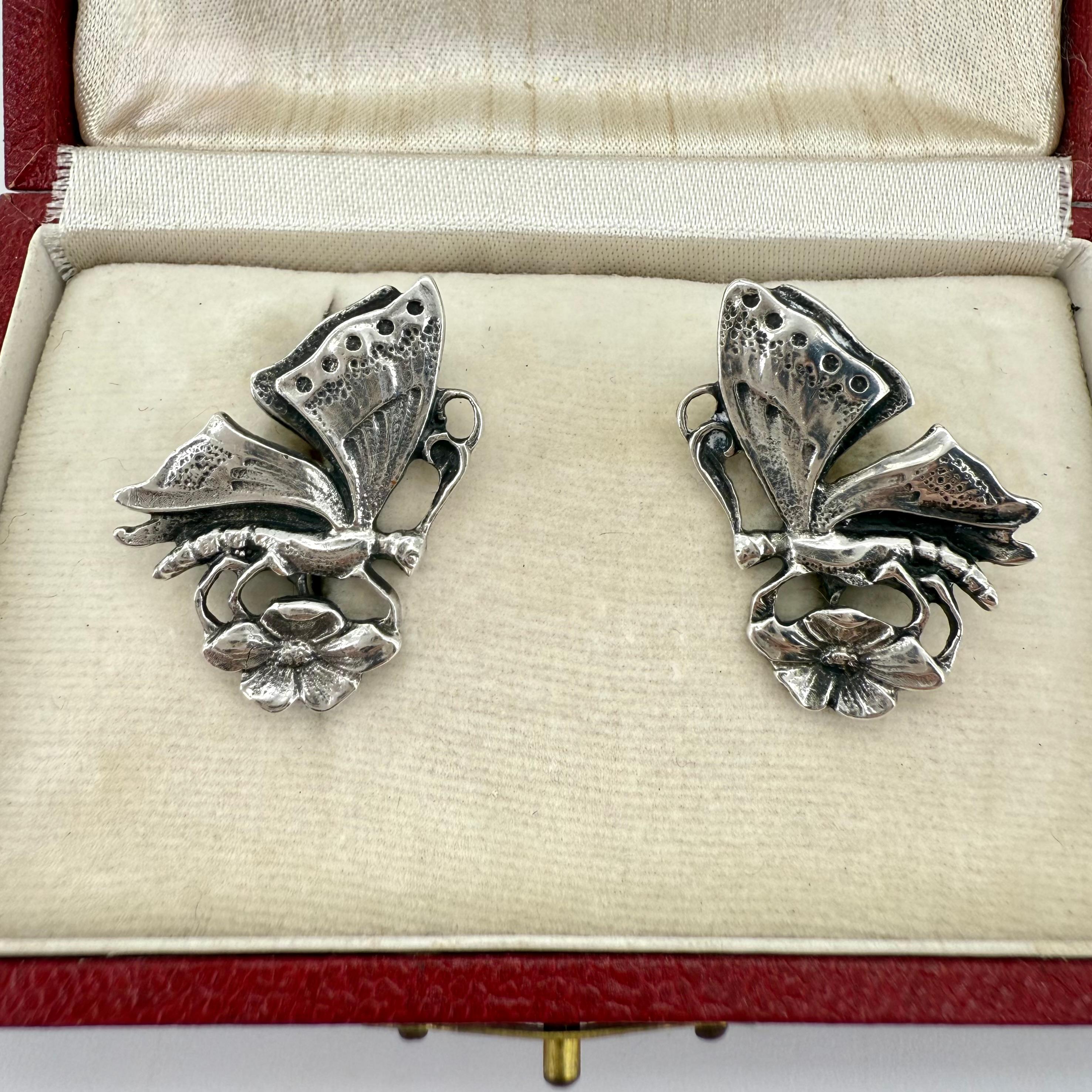 Guglielmo Cini Butterfly Flora Earrings ClipOn Sterling Silver In Good Condition For Sale In Hyattsville, MD