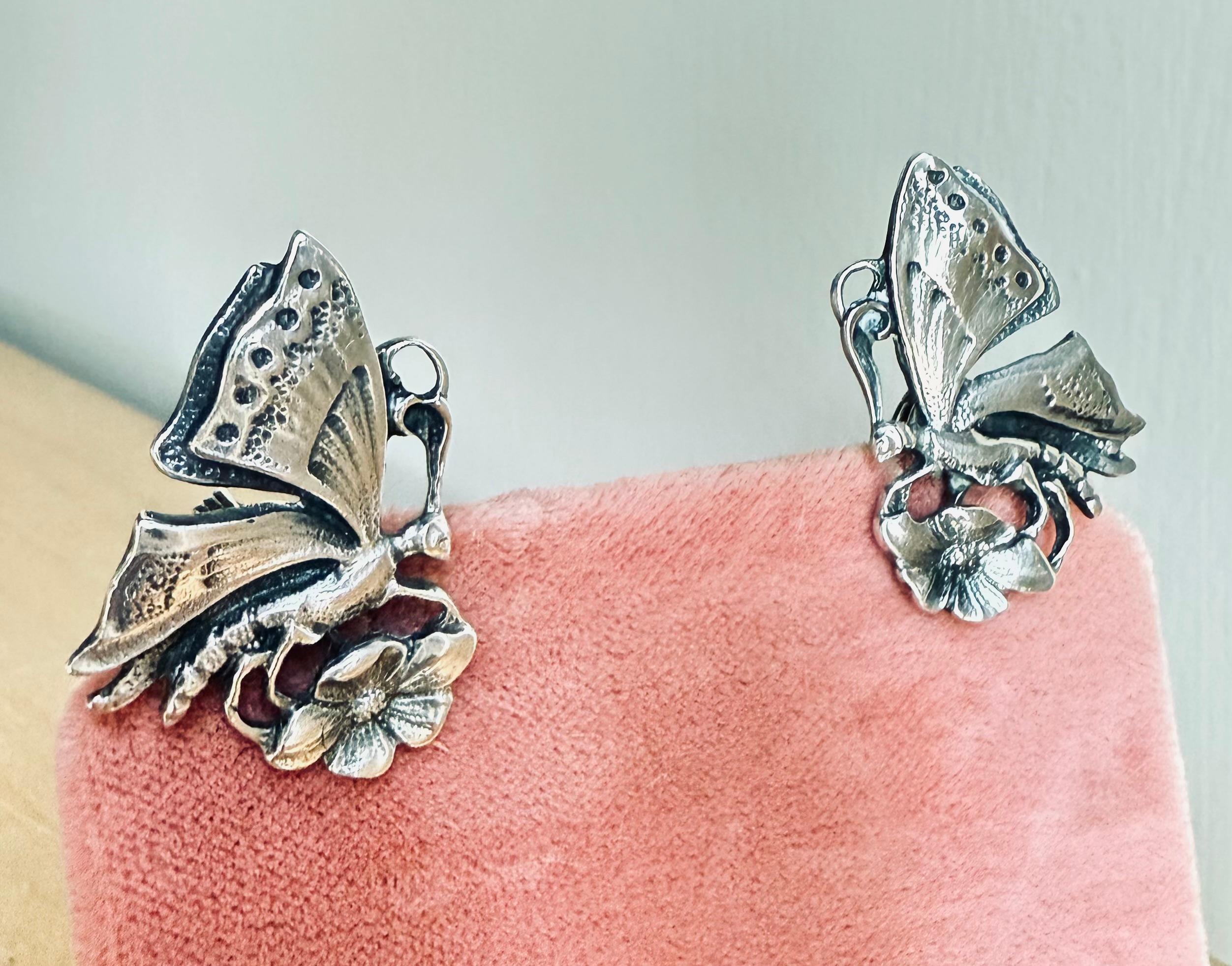 Guglielmo Cini Butterfly Flora Earrings ClipOn Sterling Silver For Sale 3