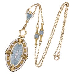 Collana antica in oro 14k con smalto guilloché e diamanti
