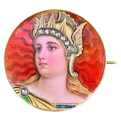 Antique Guilloche Enamel and Rose Cut Diamond Portrait 18 Karat Gold Brooch Pin