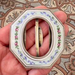 Antique Guilloché Enamel and Silver Buckle with Hand-Painted Roses, Circa 1905