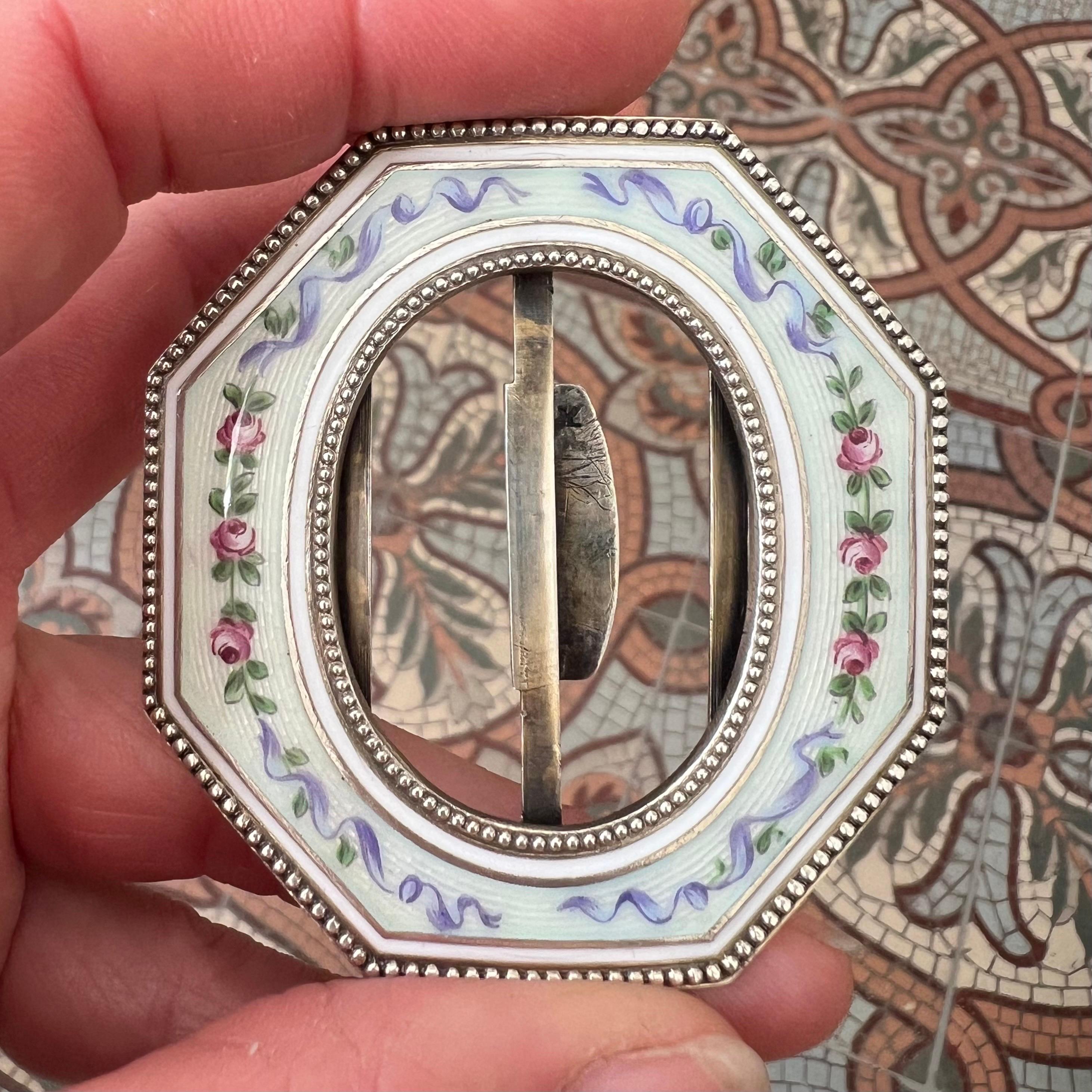 Edwardian Antique Guilloché Enamel and Silver Buckle with Hand-Painted Roses, Circa 1905 For Sale