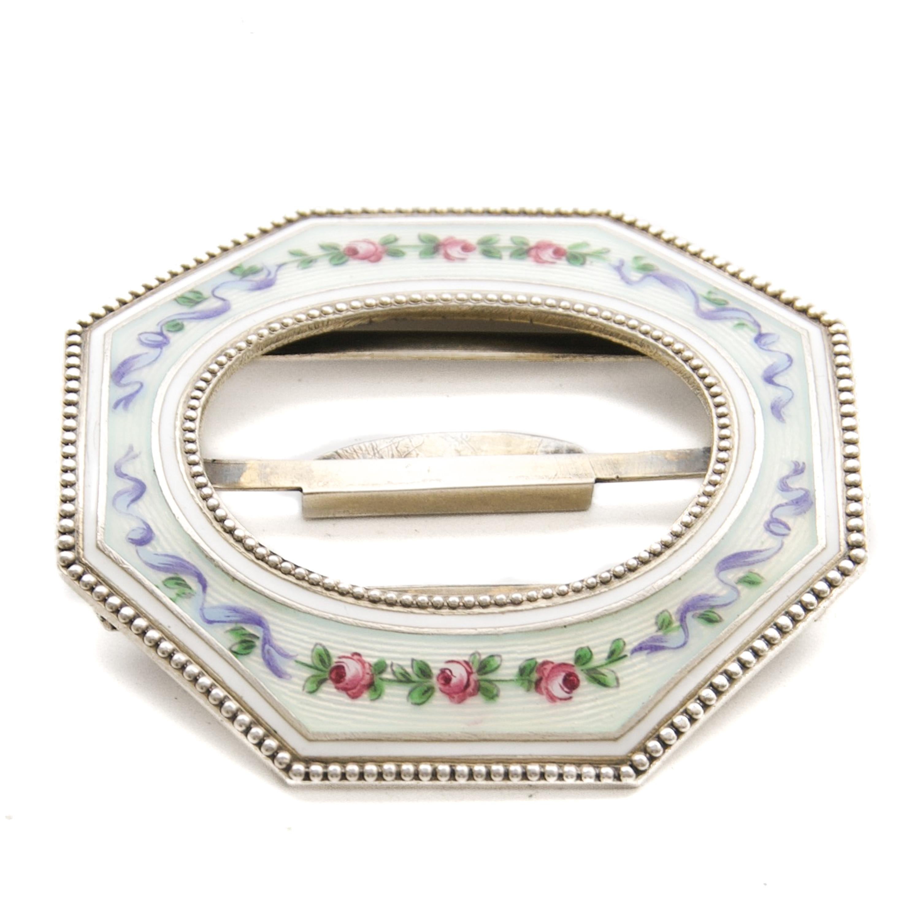 Women's or Men's Antique Guilloché Enamel and Silver Buckle with Hand-Painted Roses, Circa 1905 For Sale
