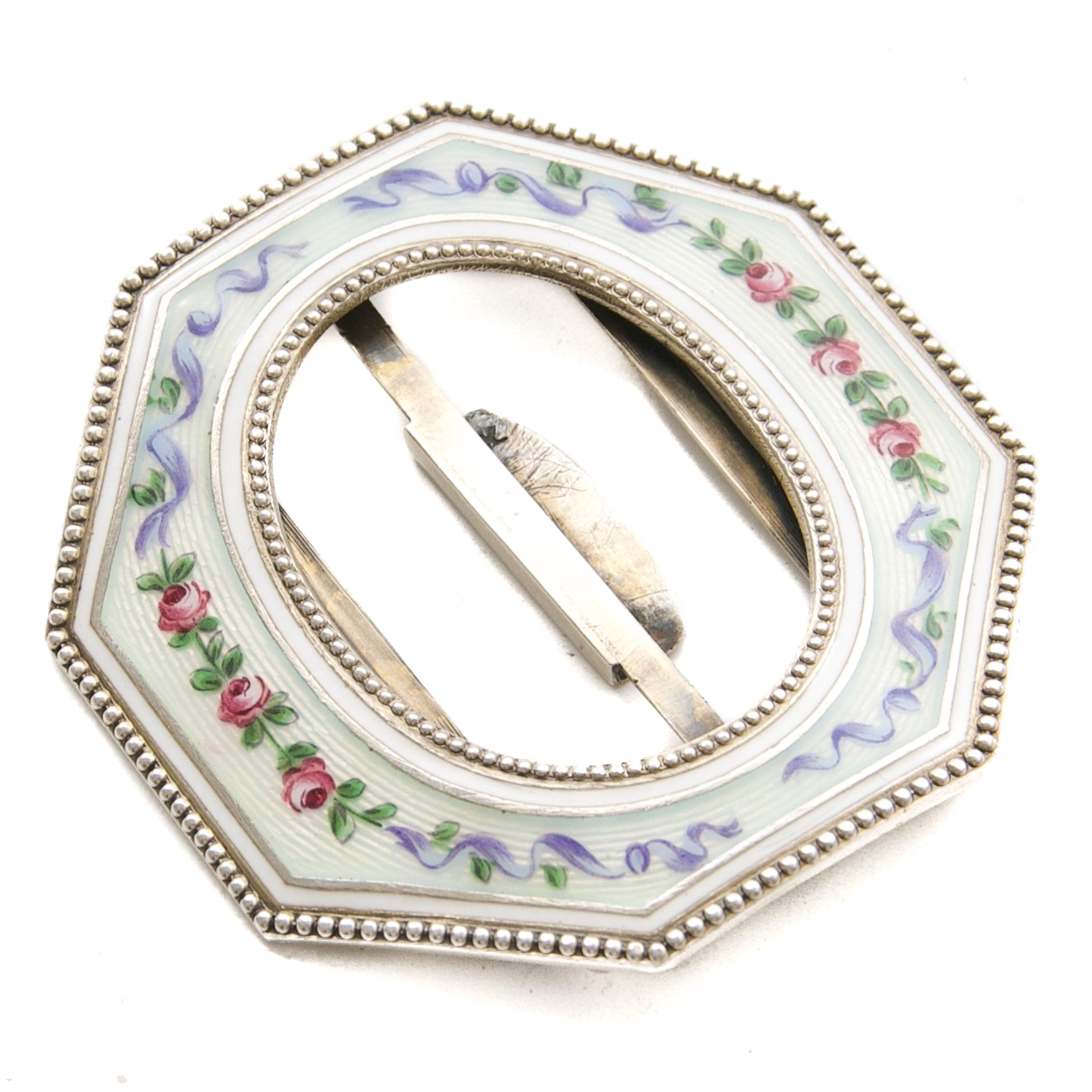 Antique Guilloché Enamel and Silver Buckle with Hand-Painted Roses, Circa 1905 For Sale 1