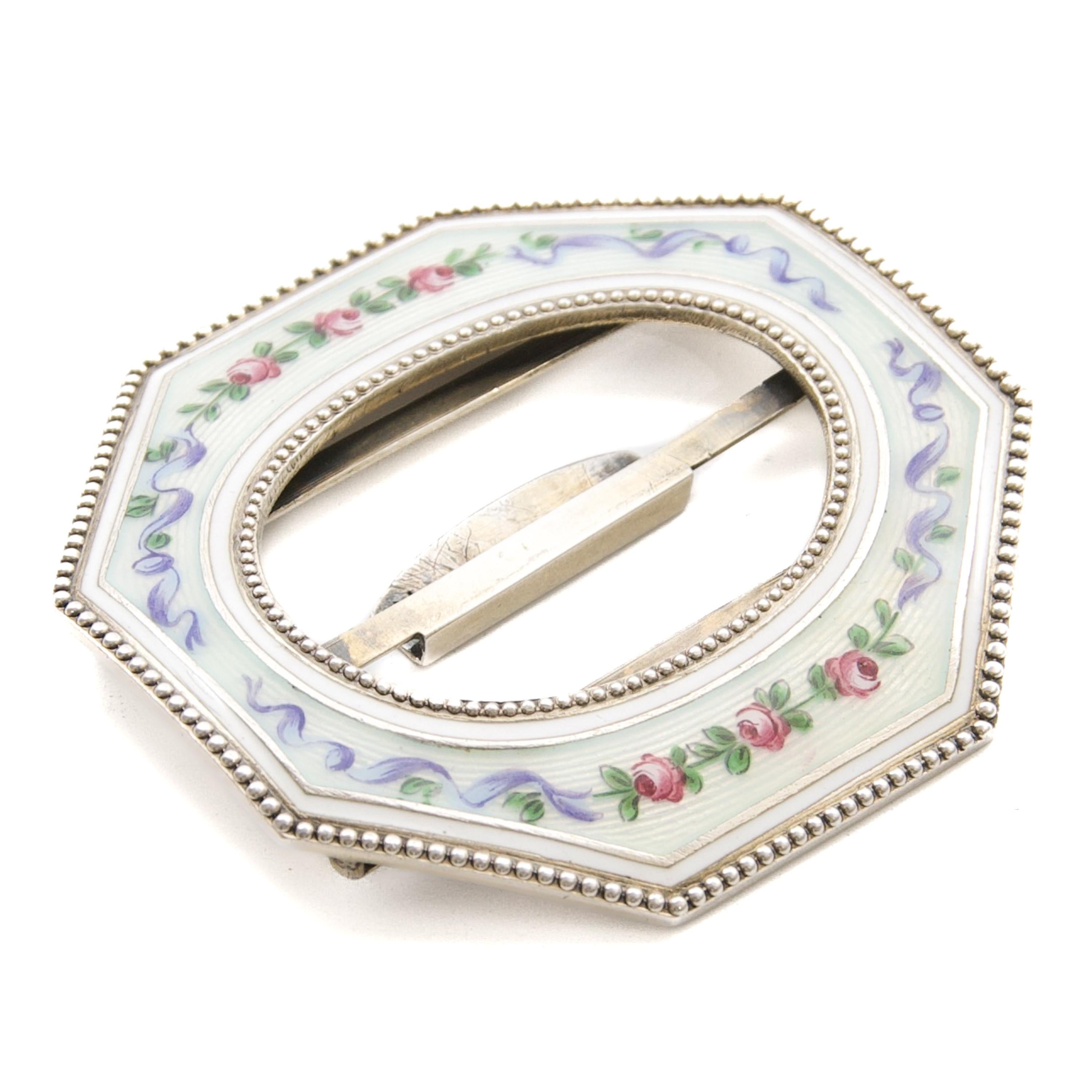 Antique Guilloché Enamel and Silver Buckle with Hand-Painted Roses, Circa 1905 For Sale 3